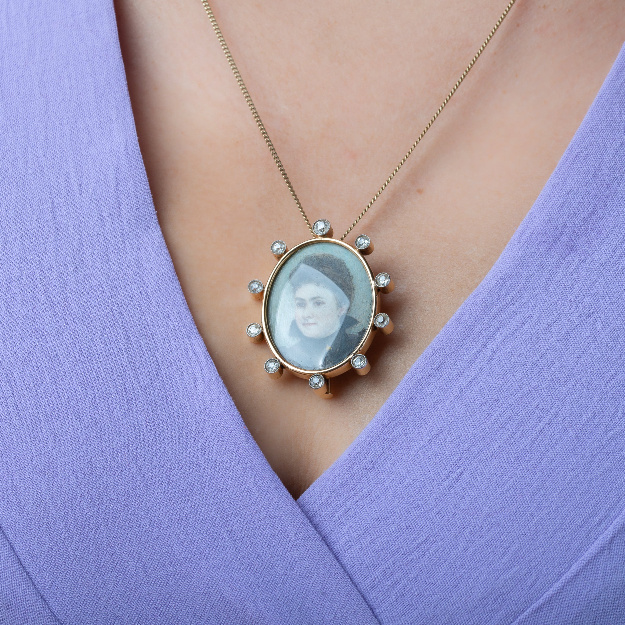 Antique Diamond Halo Portait Pendant Brooch