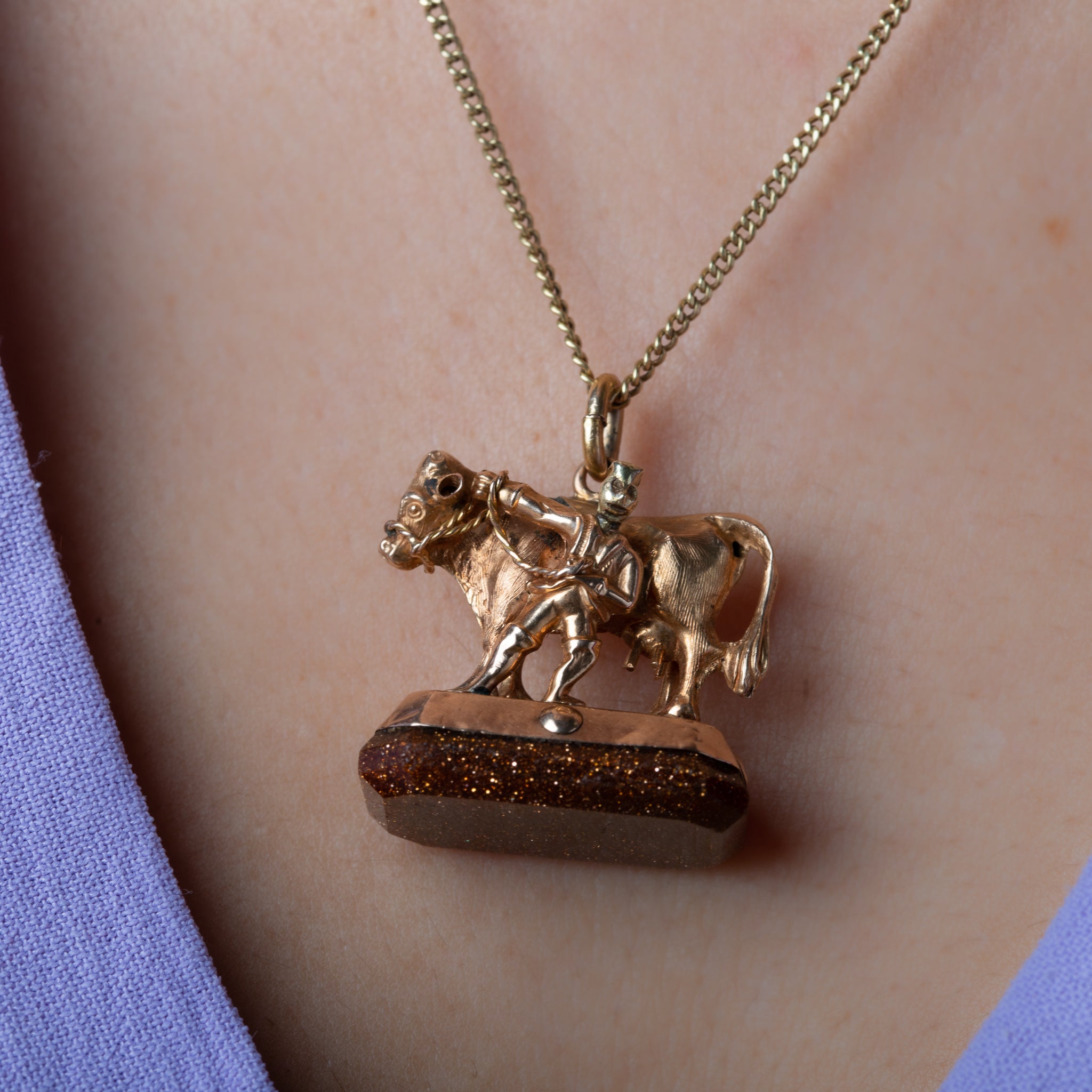 Antique Cow & Milk Farmer Fob Pendant