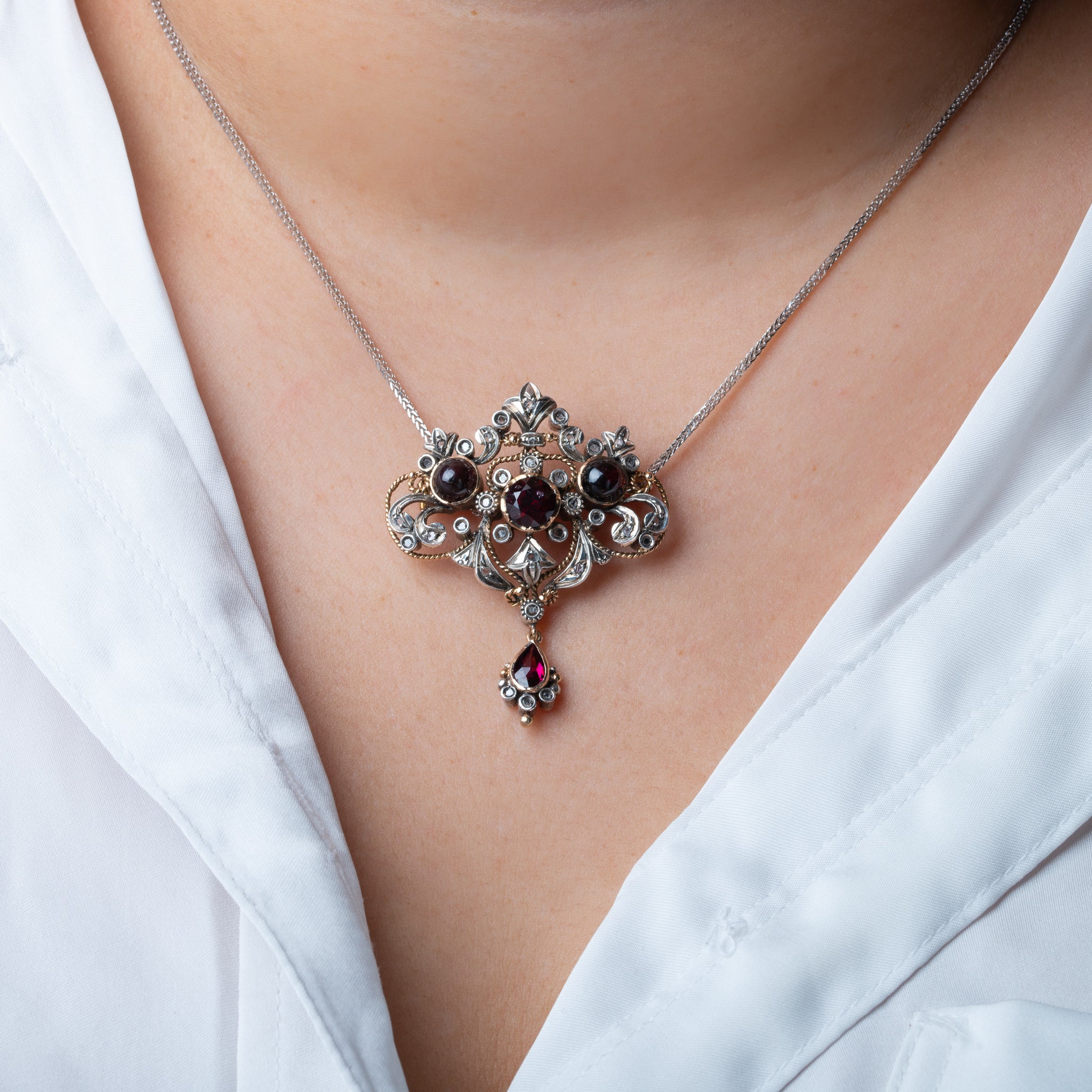 Vintage Portugese Ruby & Diamond Brooch Pendant