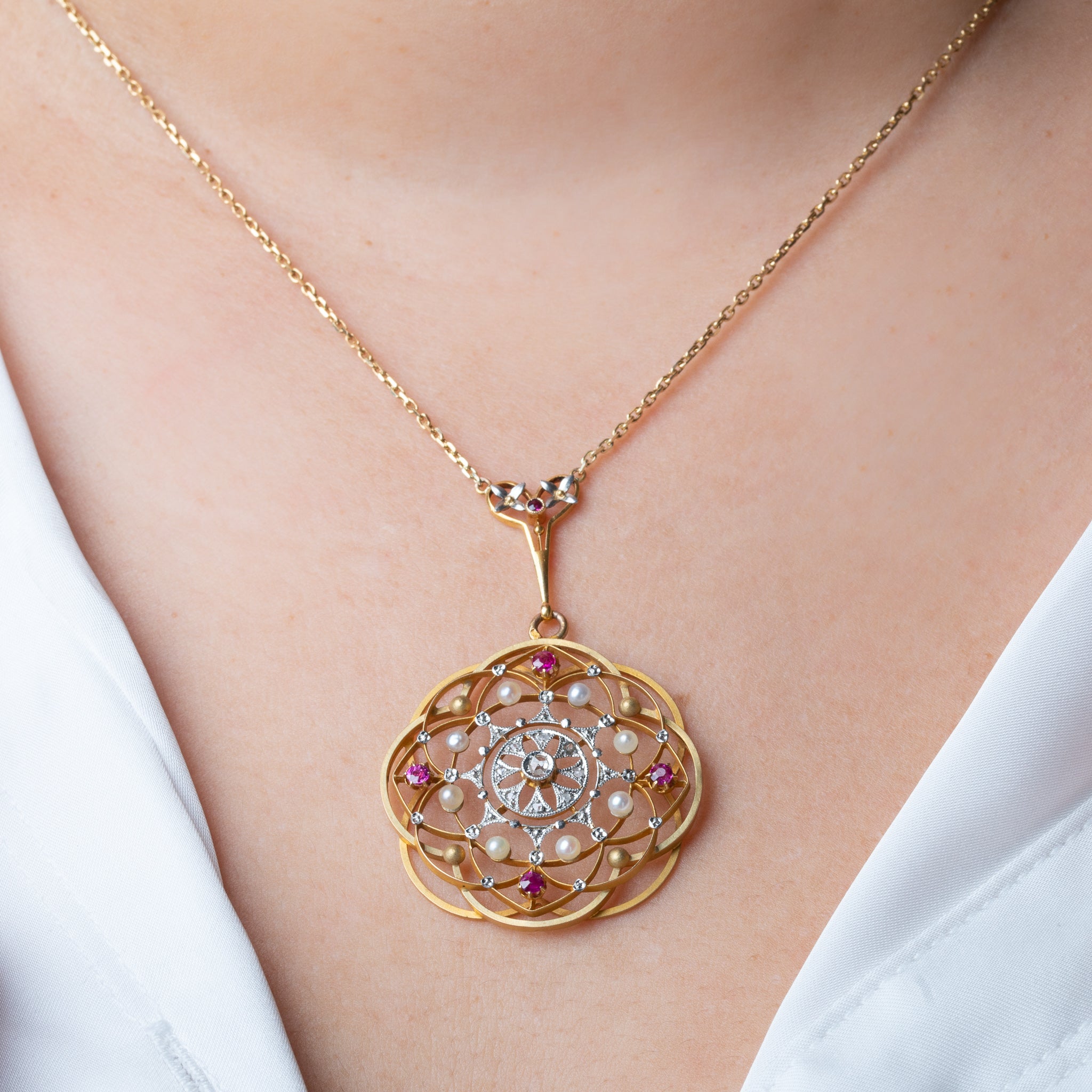 Art Nouveau High Carat Diamond, Ruby and Pearl Necklace - LUXORIA VITA