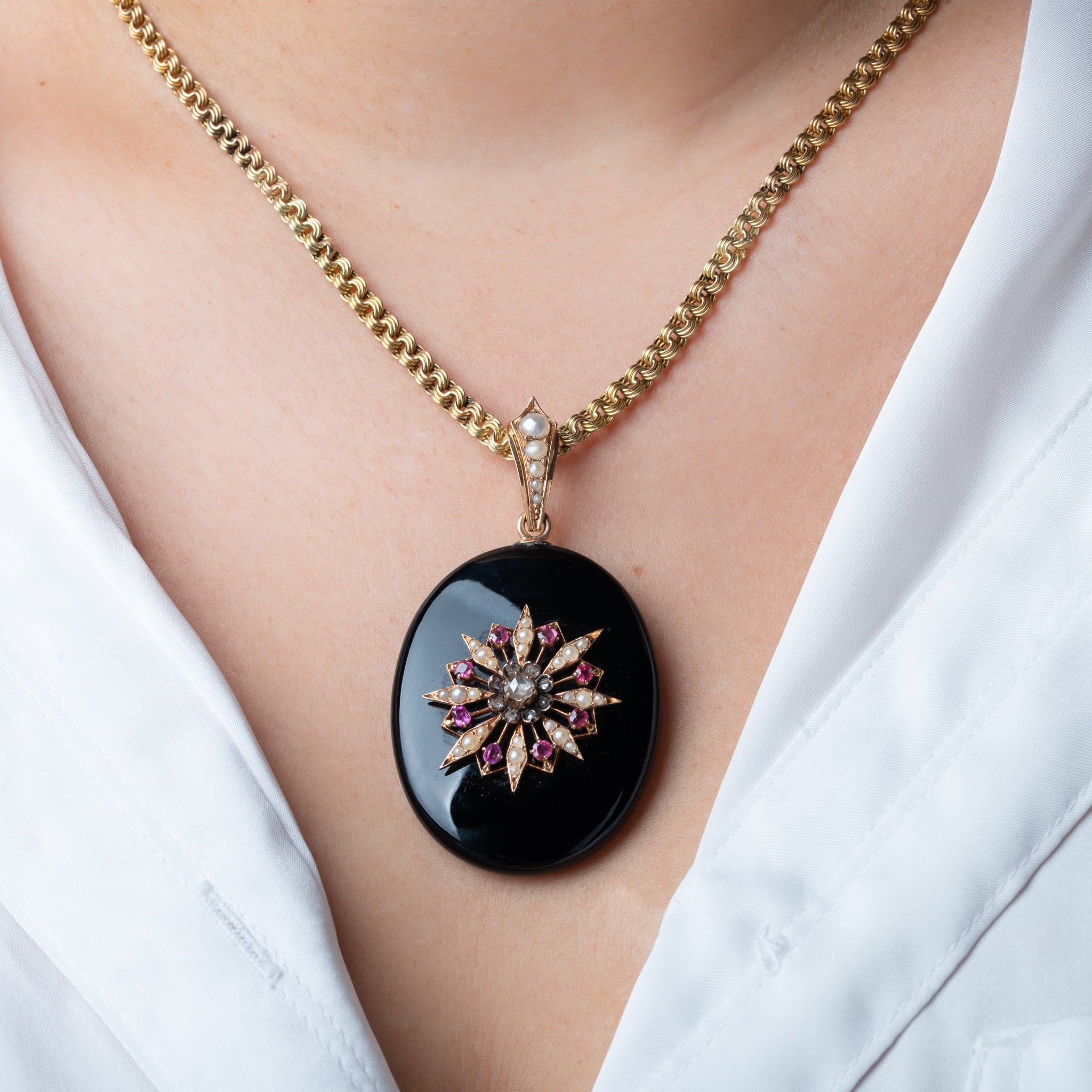 Antique Onyx Diamond Ruby Pearl Locket