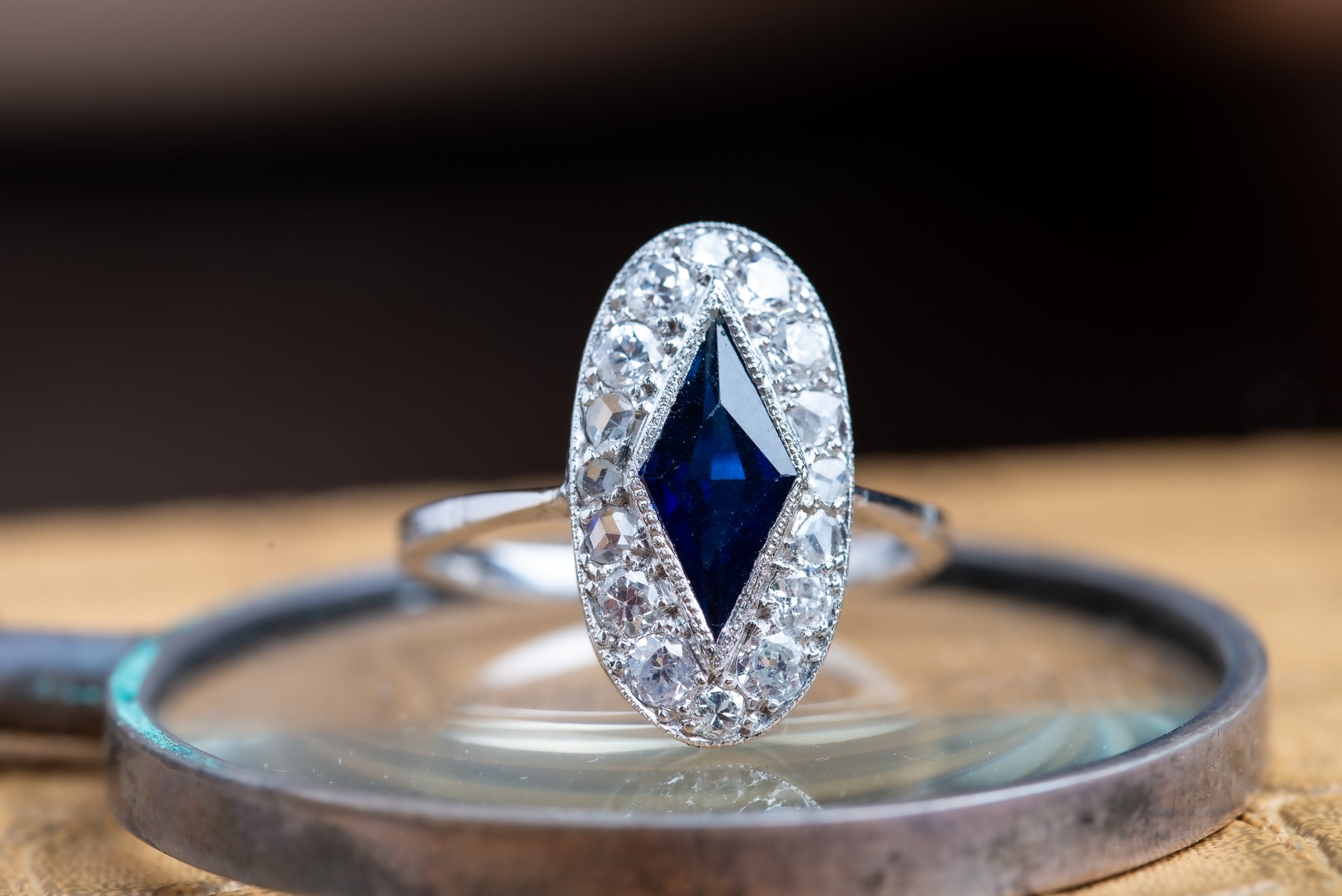 Art Deco Platinum Custom Cut Sapphire Kite & Diamond Ring - Luxoria Vita