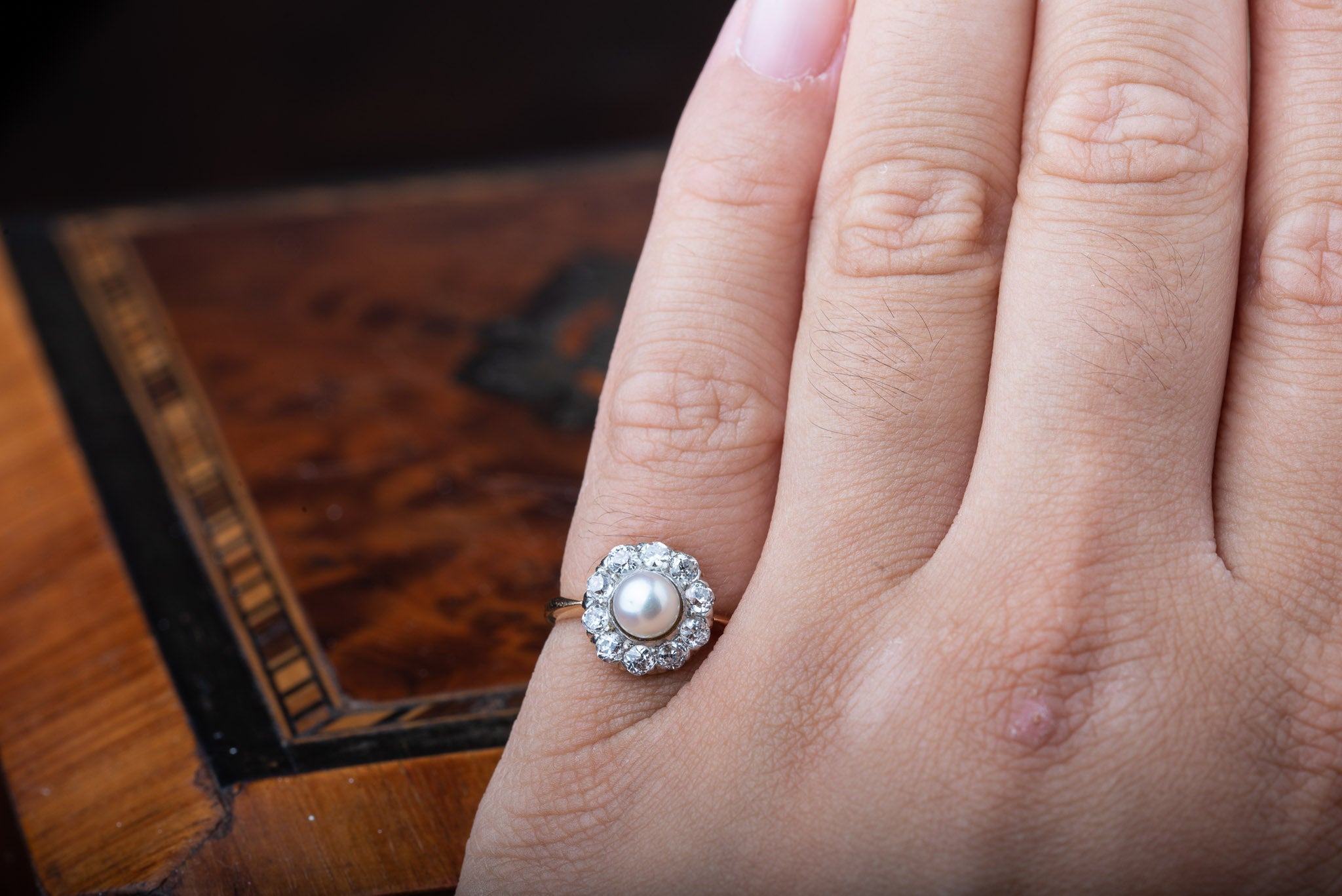 Oldmine Cut Diamond Pearl Ring - Luxoria Vita