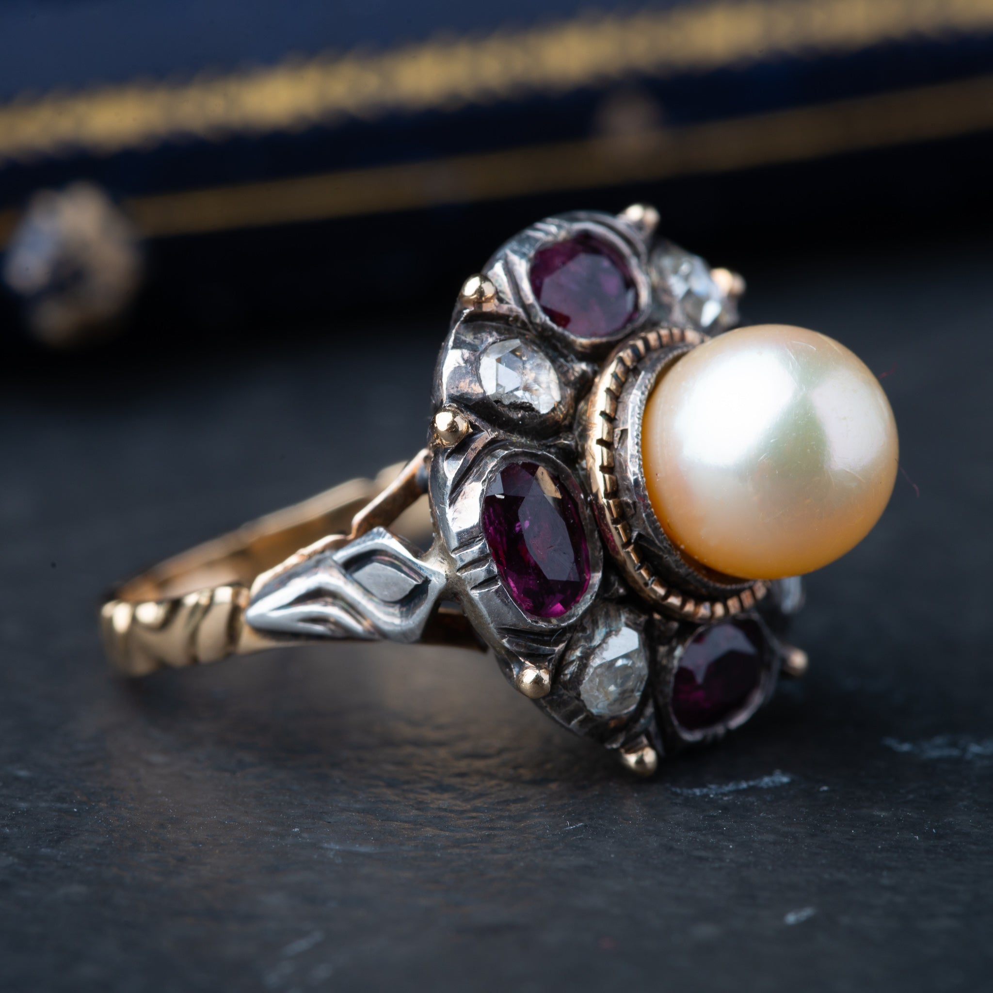 Vintage Rosecut Diamond Ruby Pearl Ring