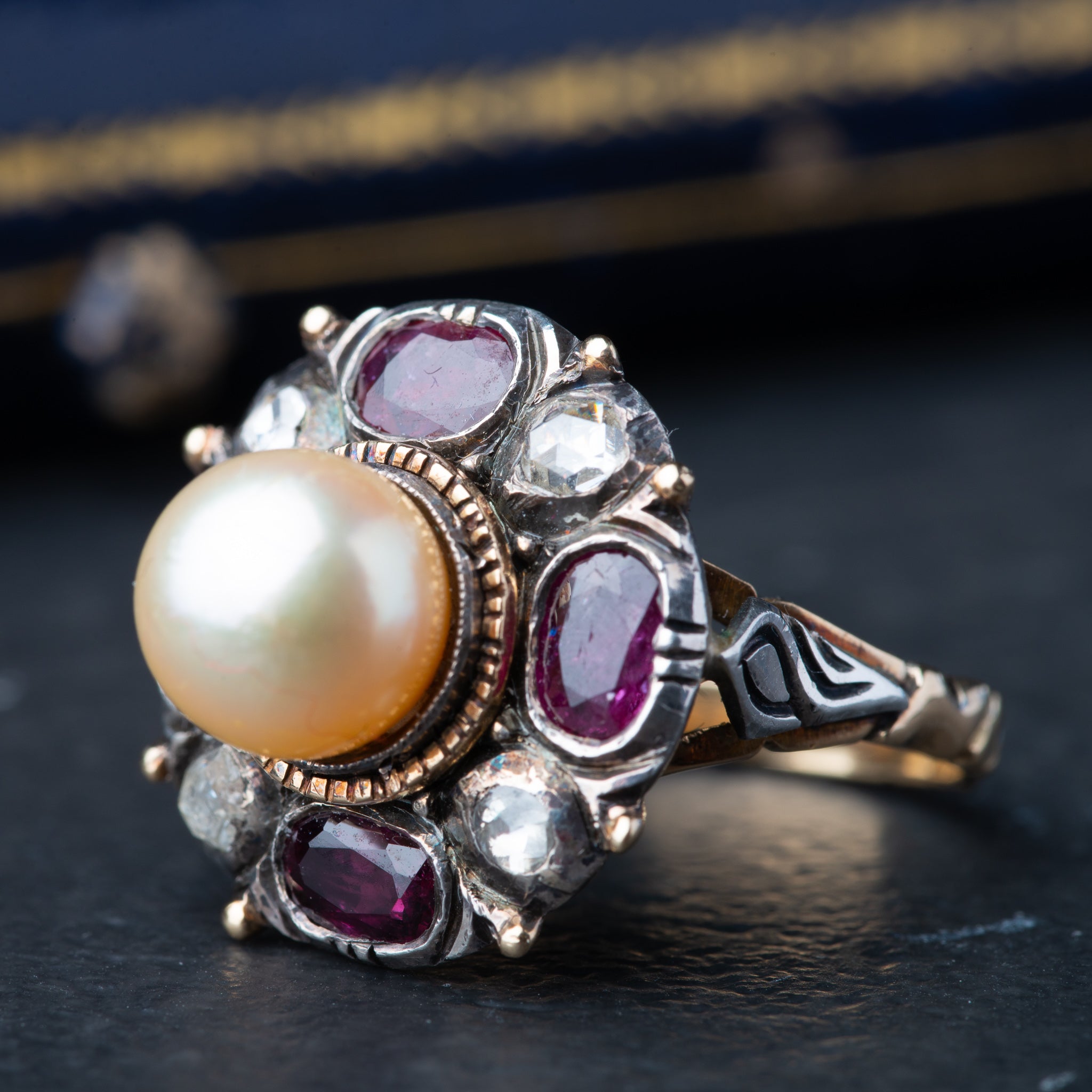 Vintage Rosecut Diamond Ruby Pearl Ring