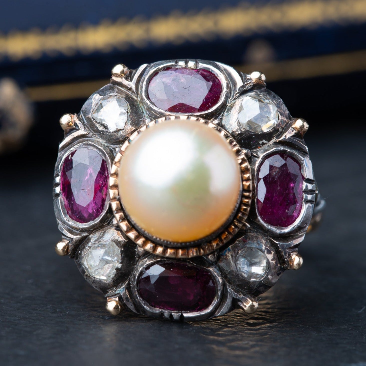 Vintage Rosecut Diamond Ruby Pearl Ring