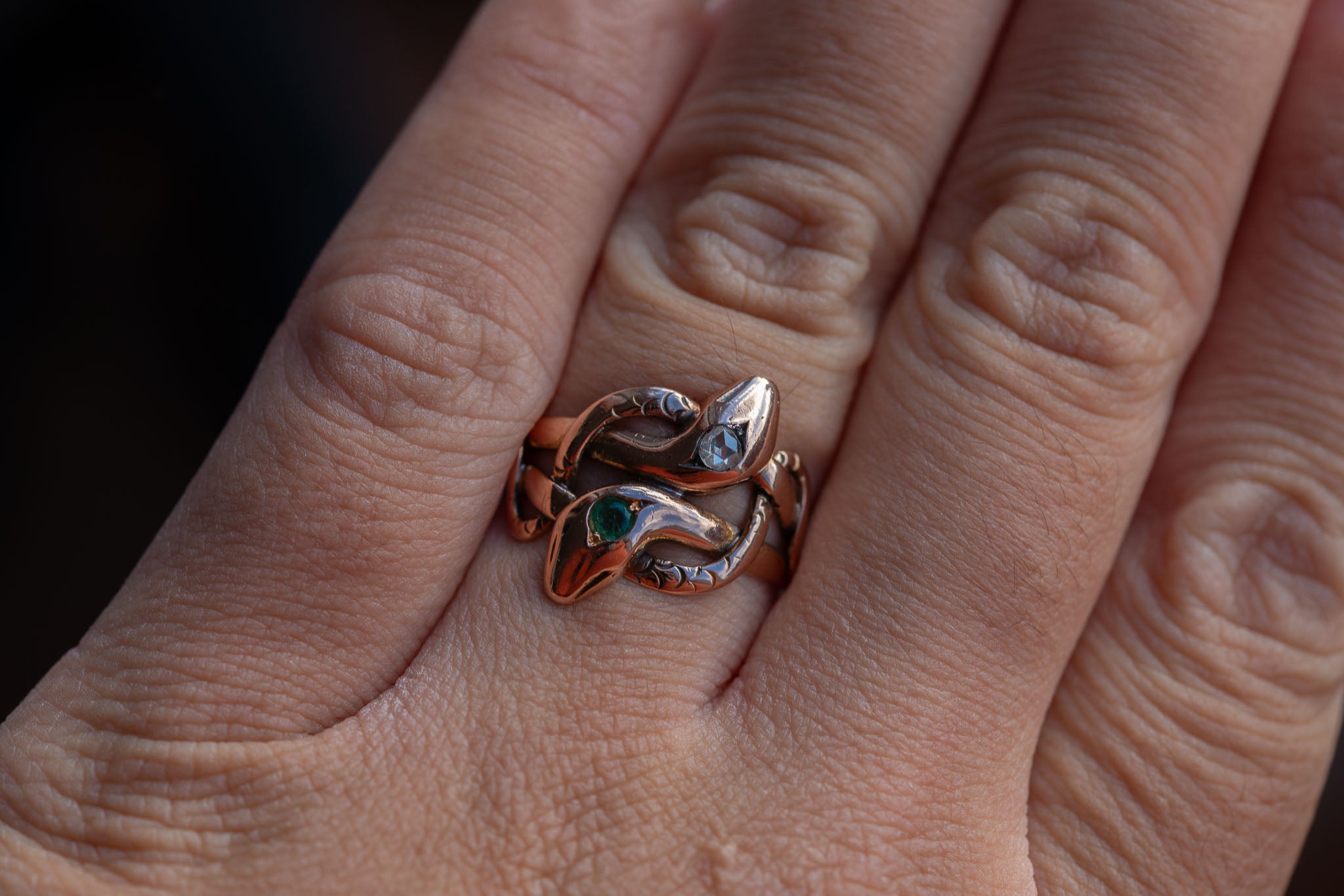 Victorian Entwined Double Emerald Rosecut Diamond Snake Ring