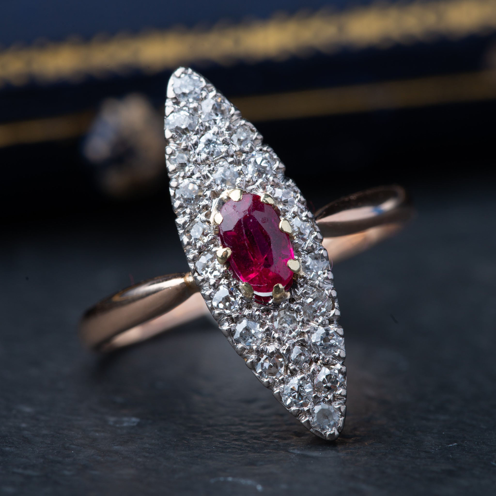 Victorian Ruby Diamond Navette Ring - Luxoria Vita