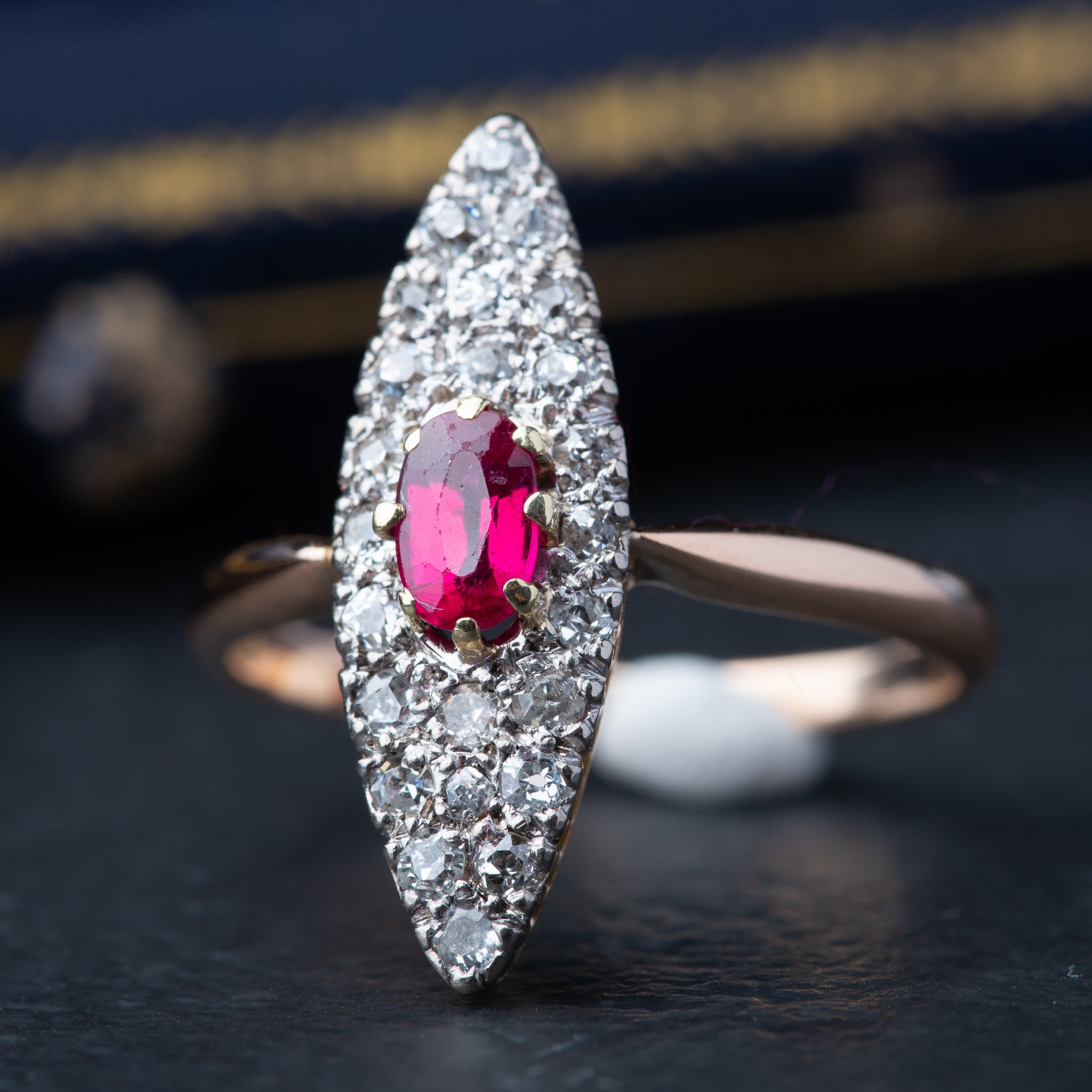 Victorian Ruby Diamond Navette Ring - Luxoria Vita