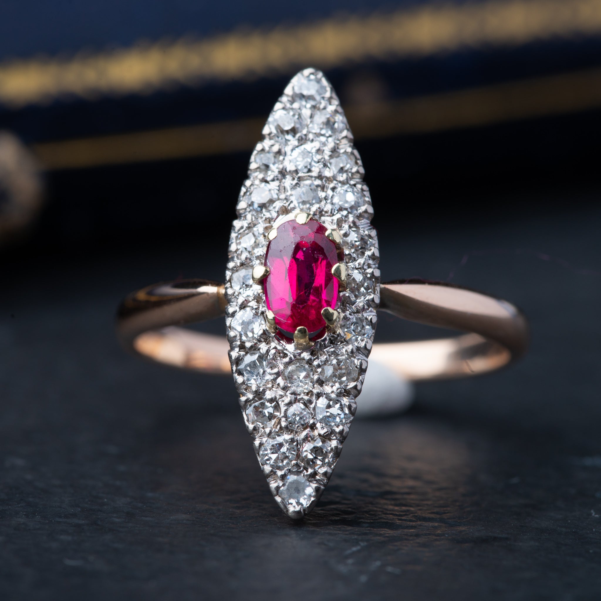 Victorian Ruby Diamond Navette Ring - Luxoria Vita