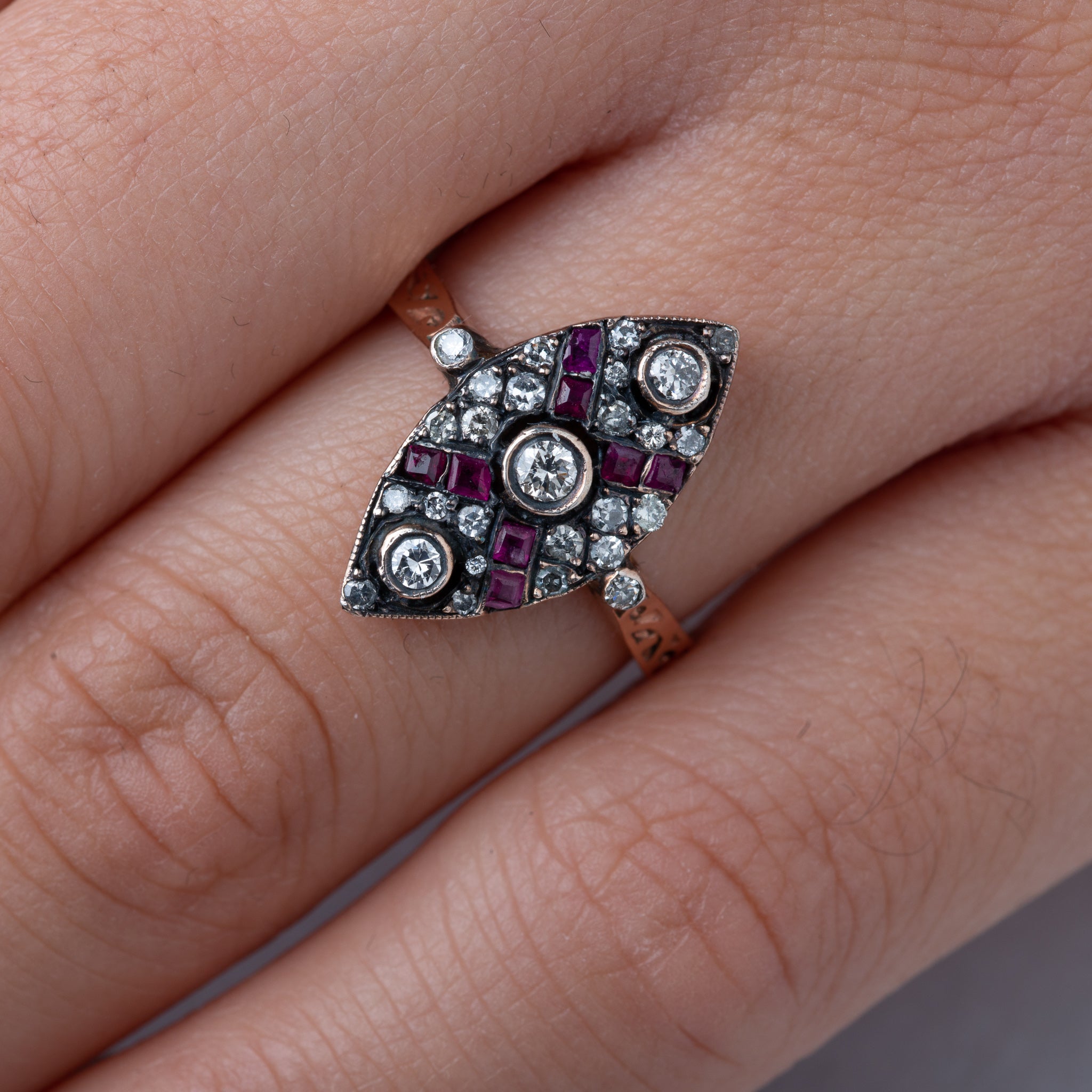 Vintage Diamond Ruby Navette Ring - Luxoria Vita