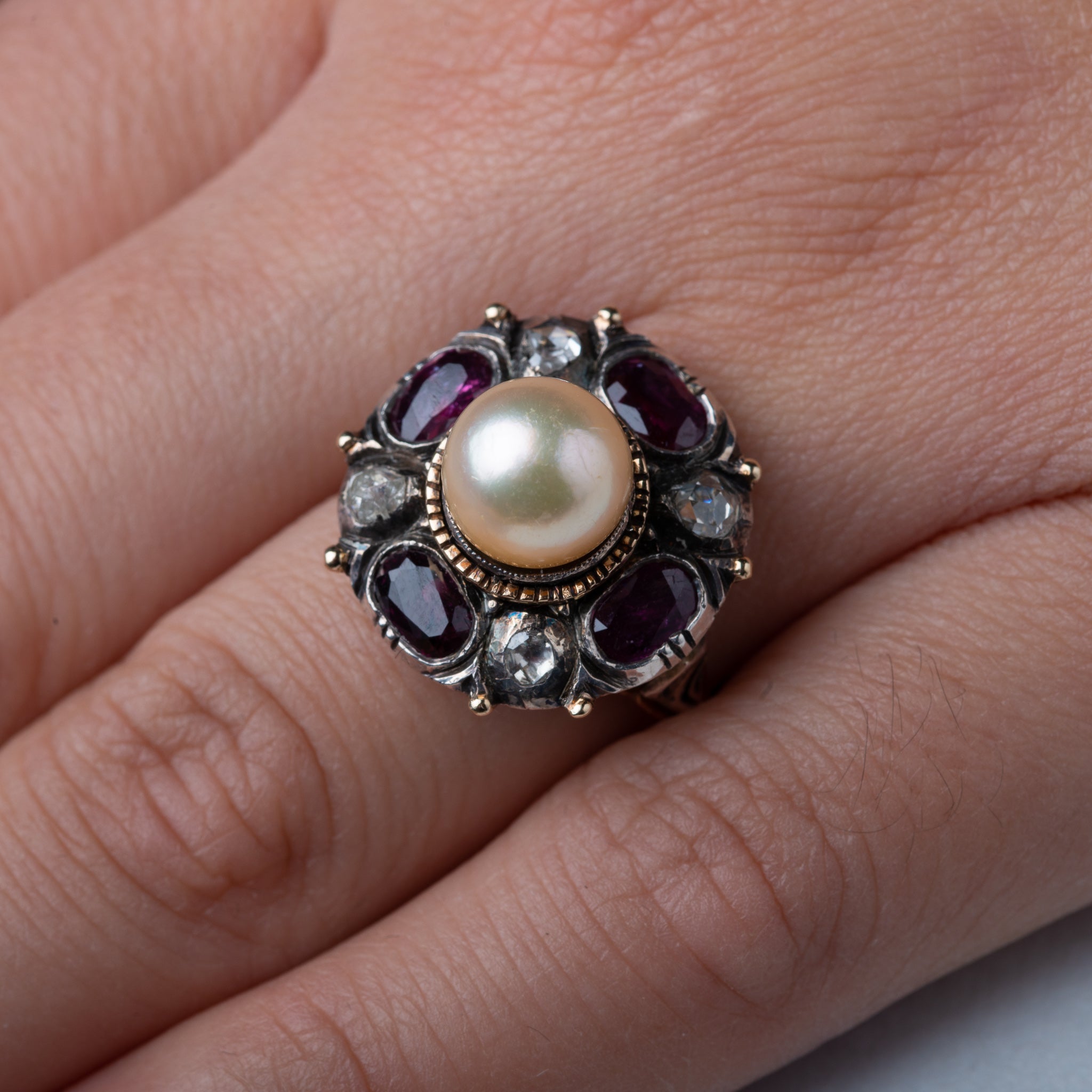 Vintage Rosecut Diamond Ruby Pearl Ring