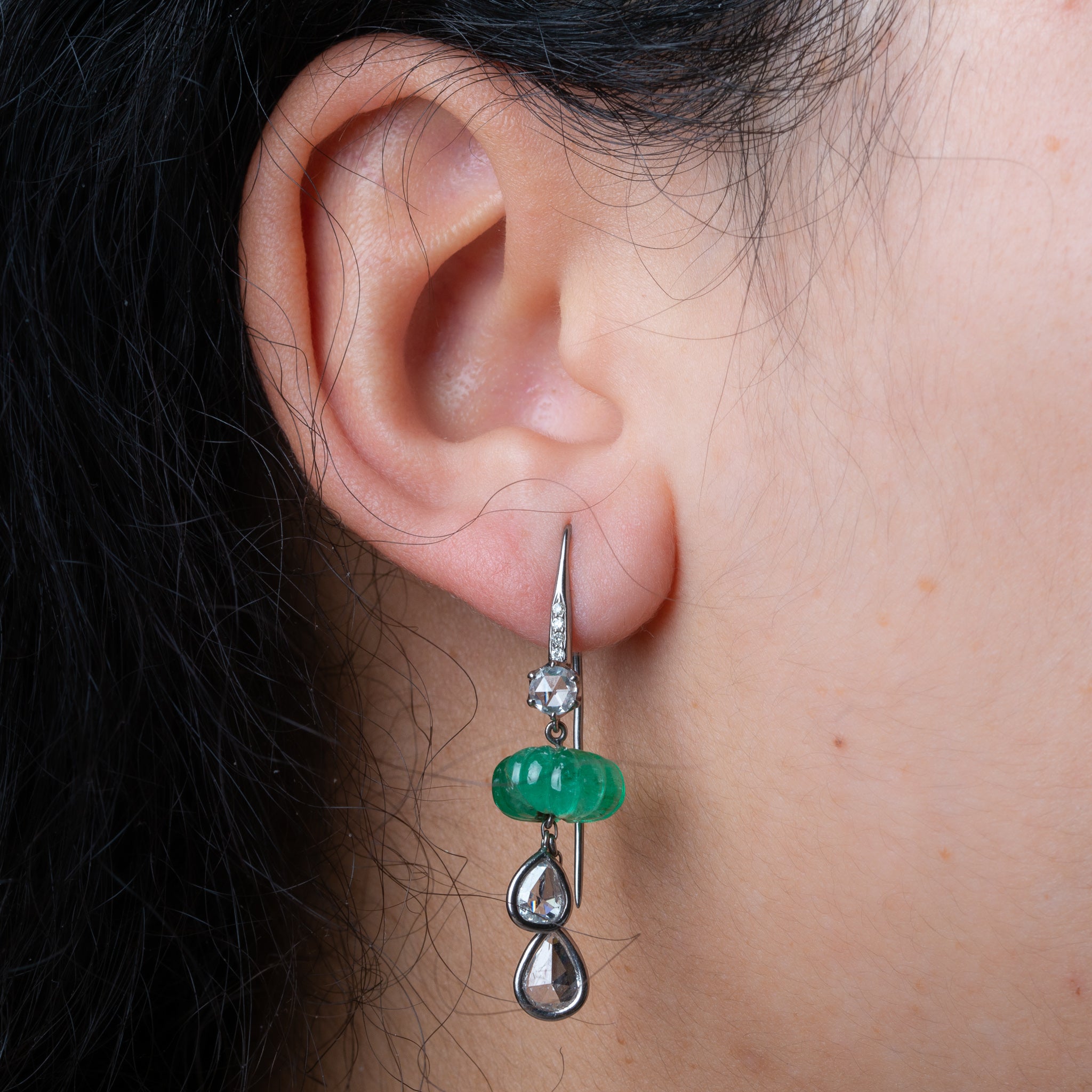 Vintage emerald pumpkin diamond earrings
