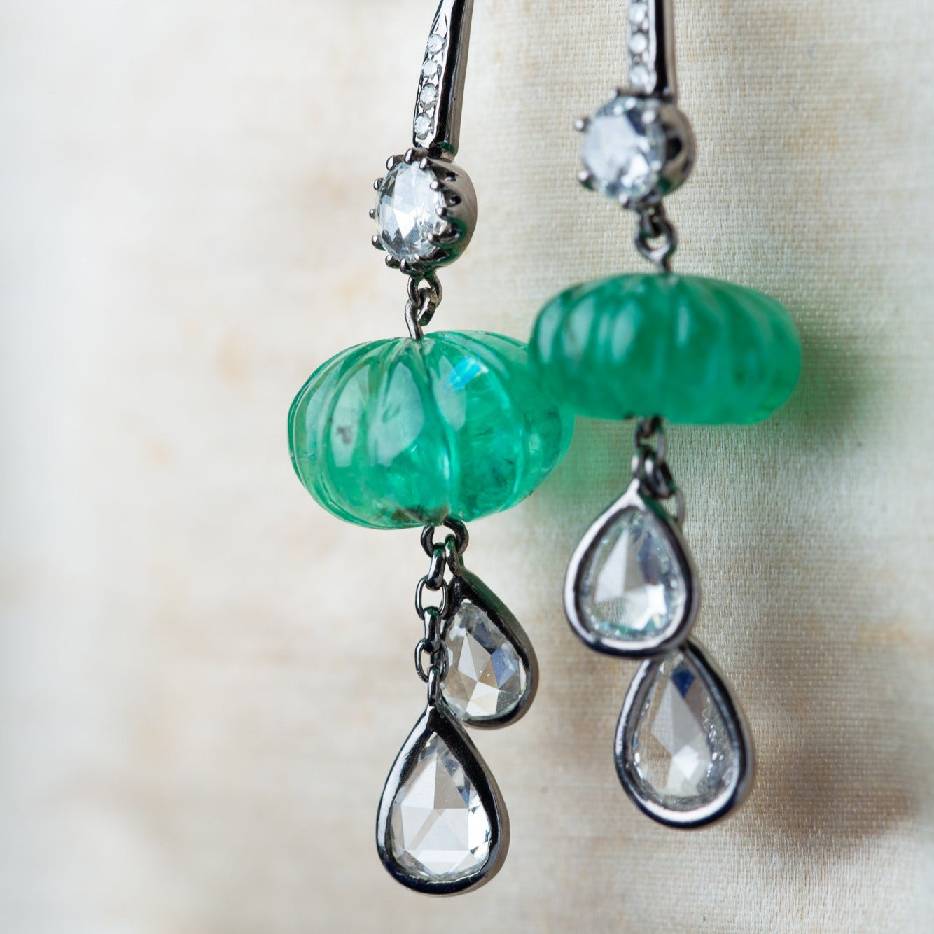 Vintage emerald pumpkin diamond earrings