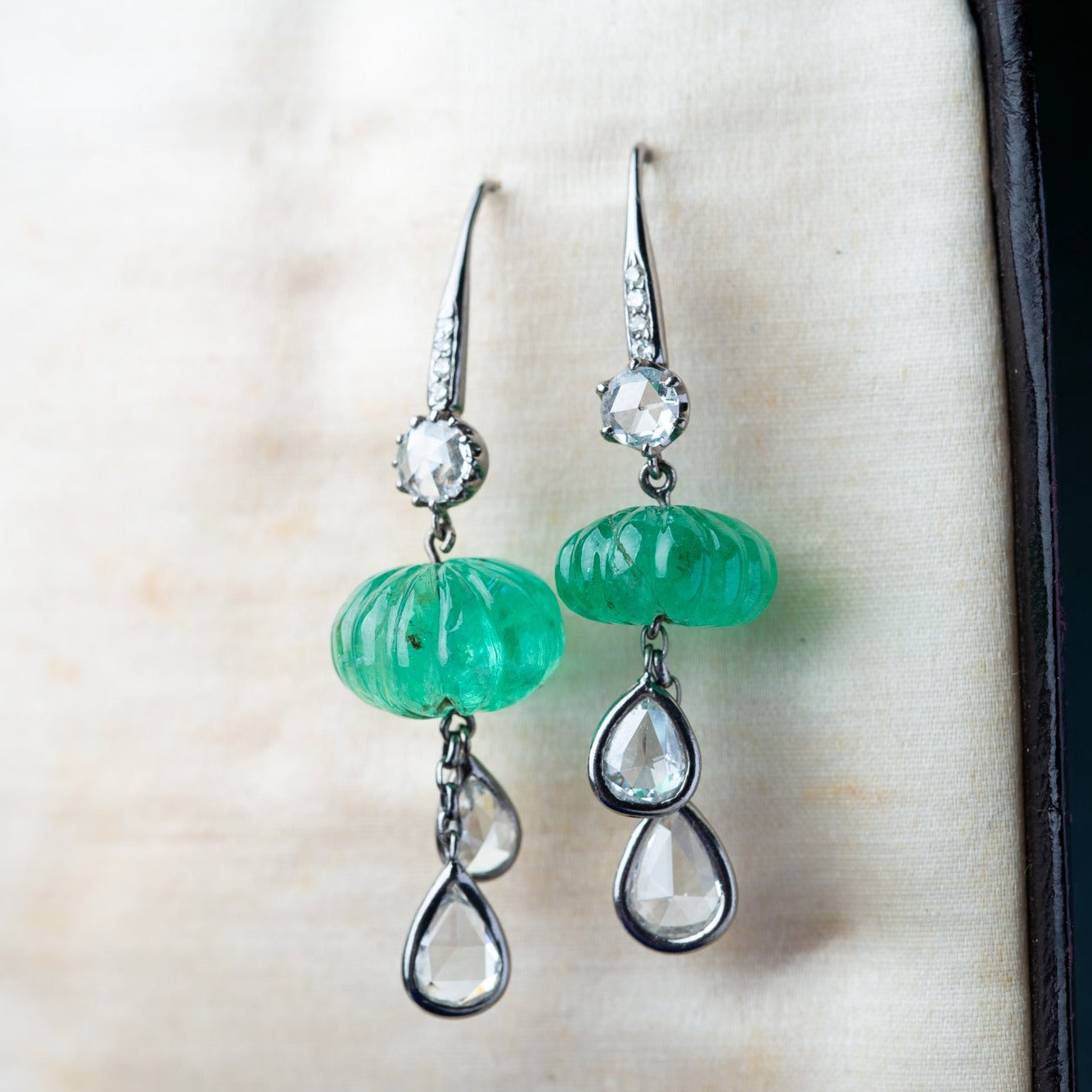 Vintage emerald pumpkin diamond earrings