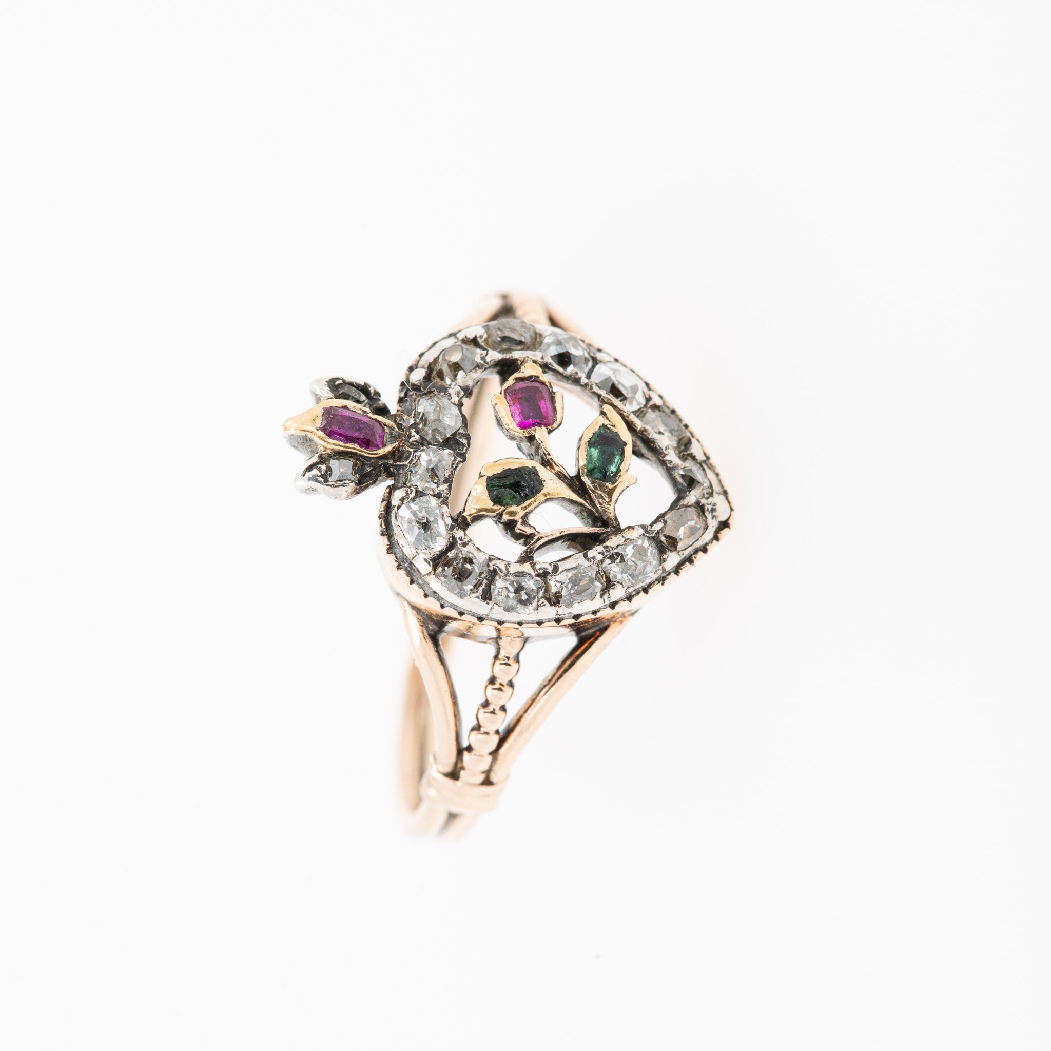 Georgian Oldminecut Diamond Ruby Emerald Heart Ring - LUXORIA VITA