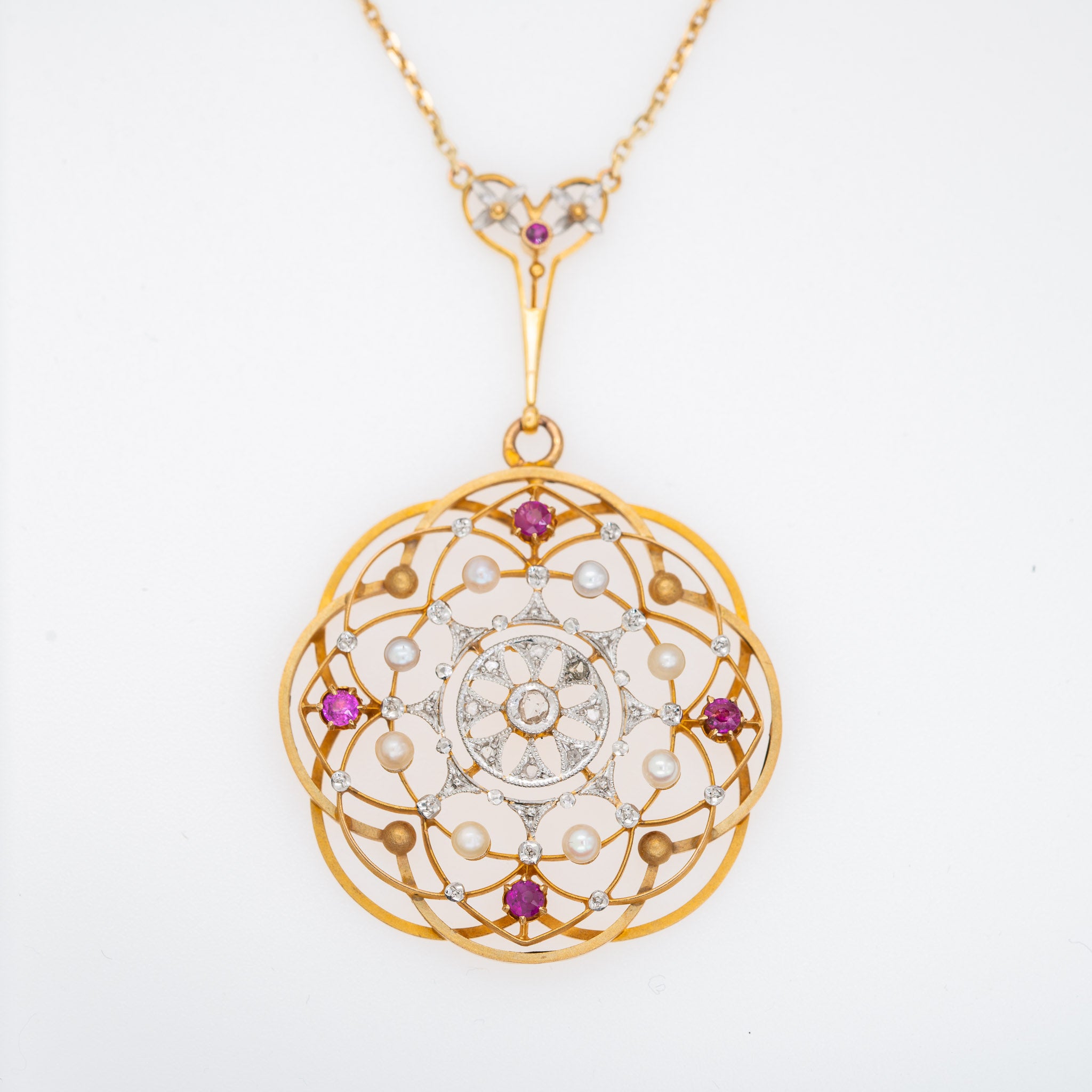 Art Nouveau High Carat Diamond, Ruby and Pearl Necklace - LUXORIA VITA