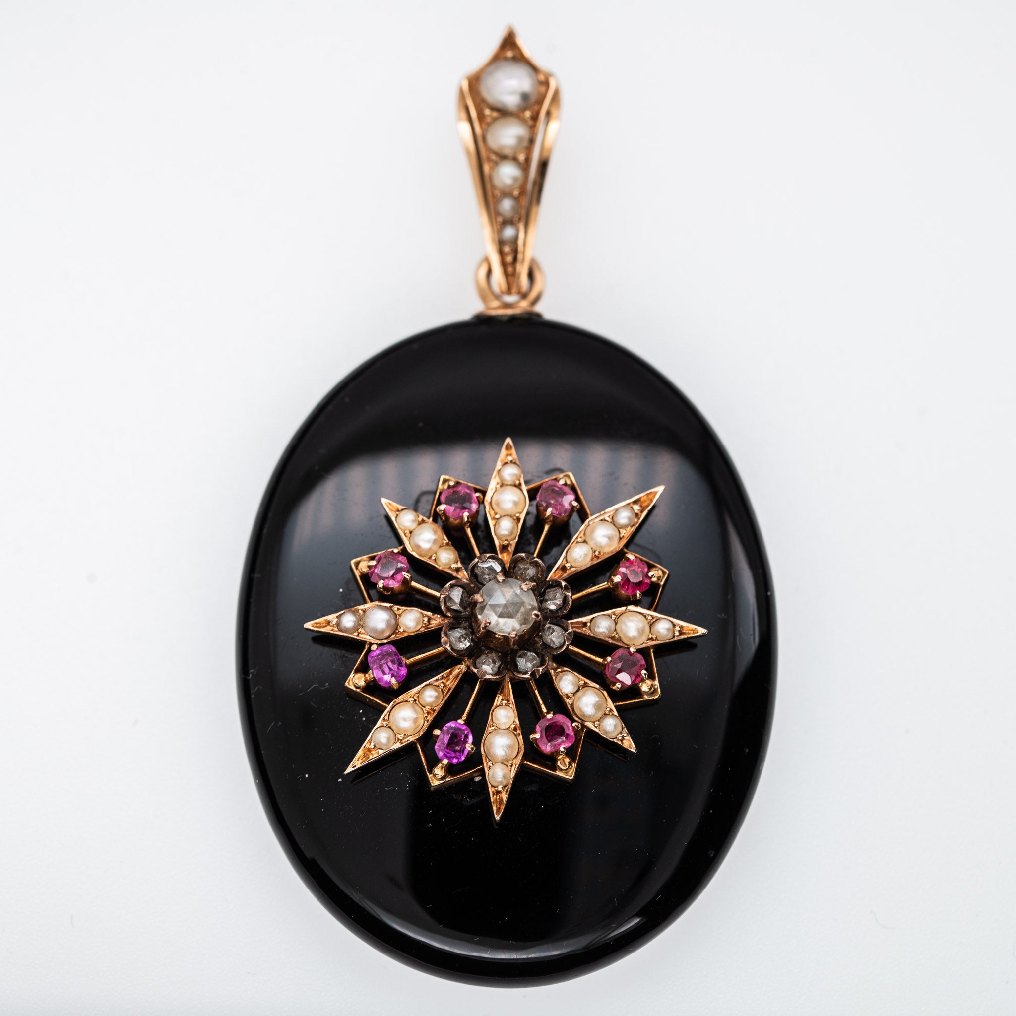 Victorian Onyx Diamond Ruby Pearl Locket - LUXORIA VITA