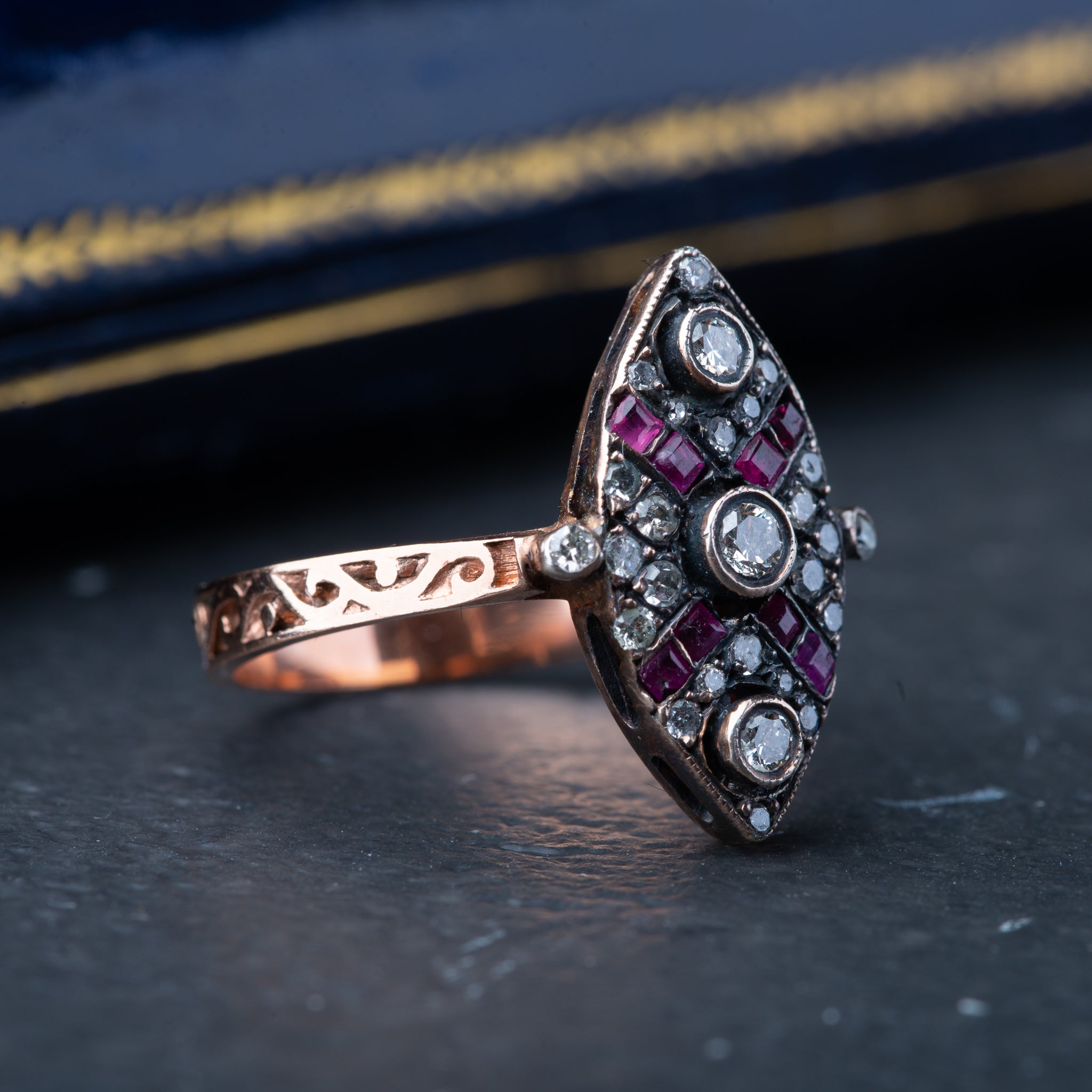 Vintage Diamond Ruby Navette Ring - Luxoria Vita