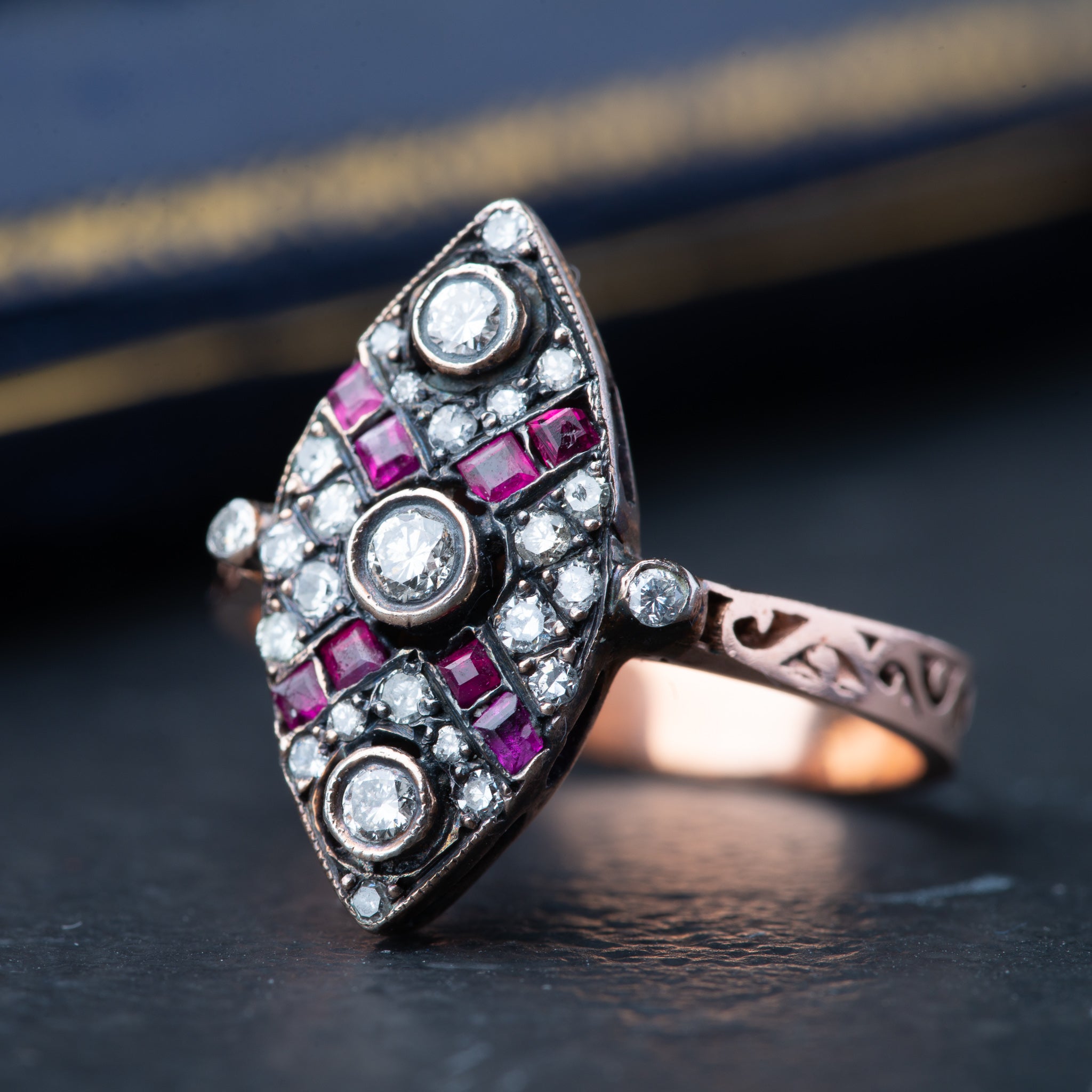 Vintage Diamond Ruby Navette Ring - Luxoria Vita