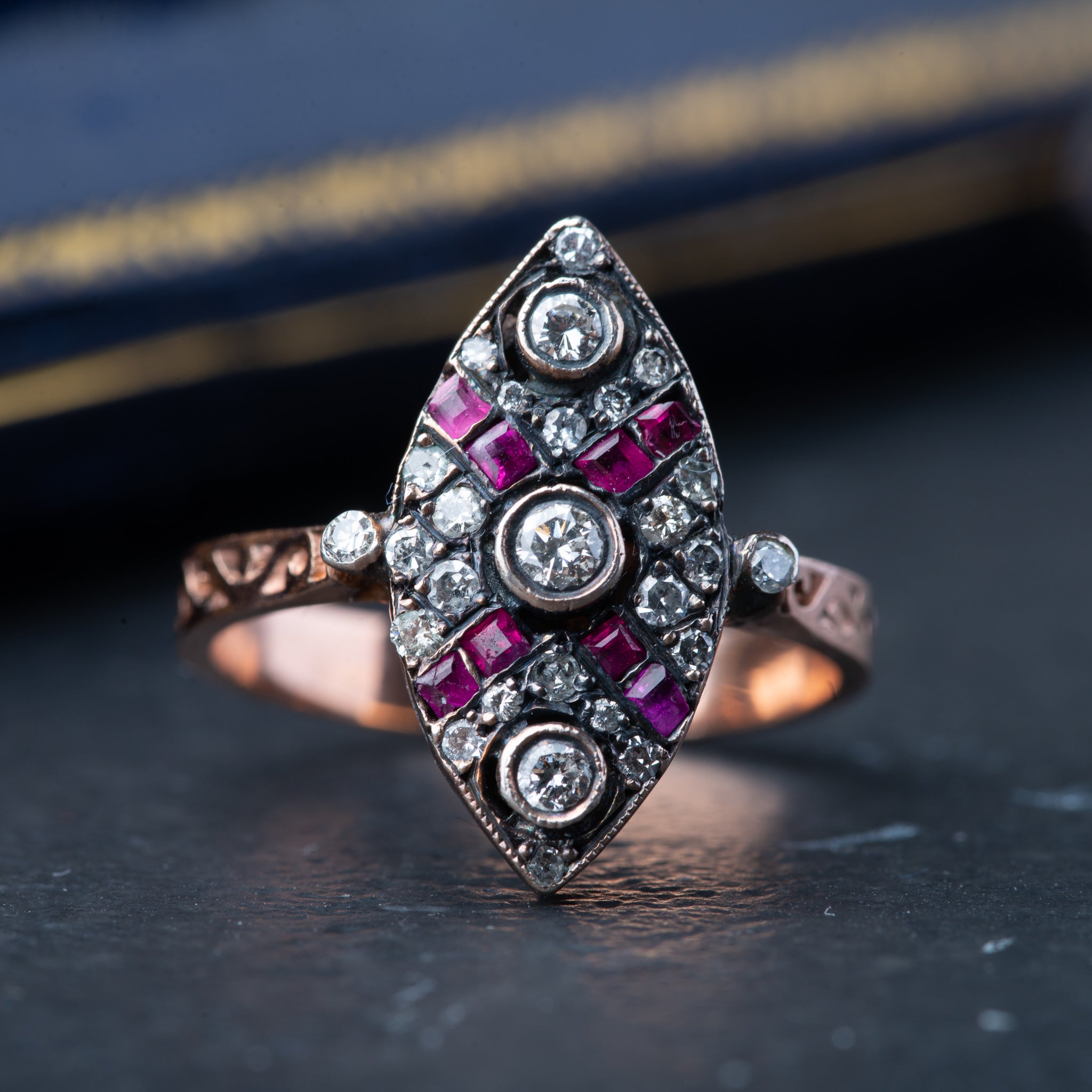 Vintage Diamond Ruby Navette Ring - Luxoria Vita