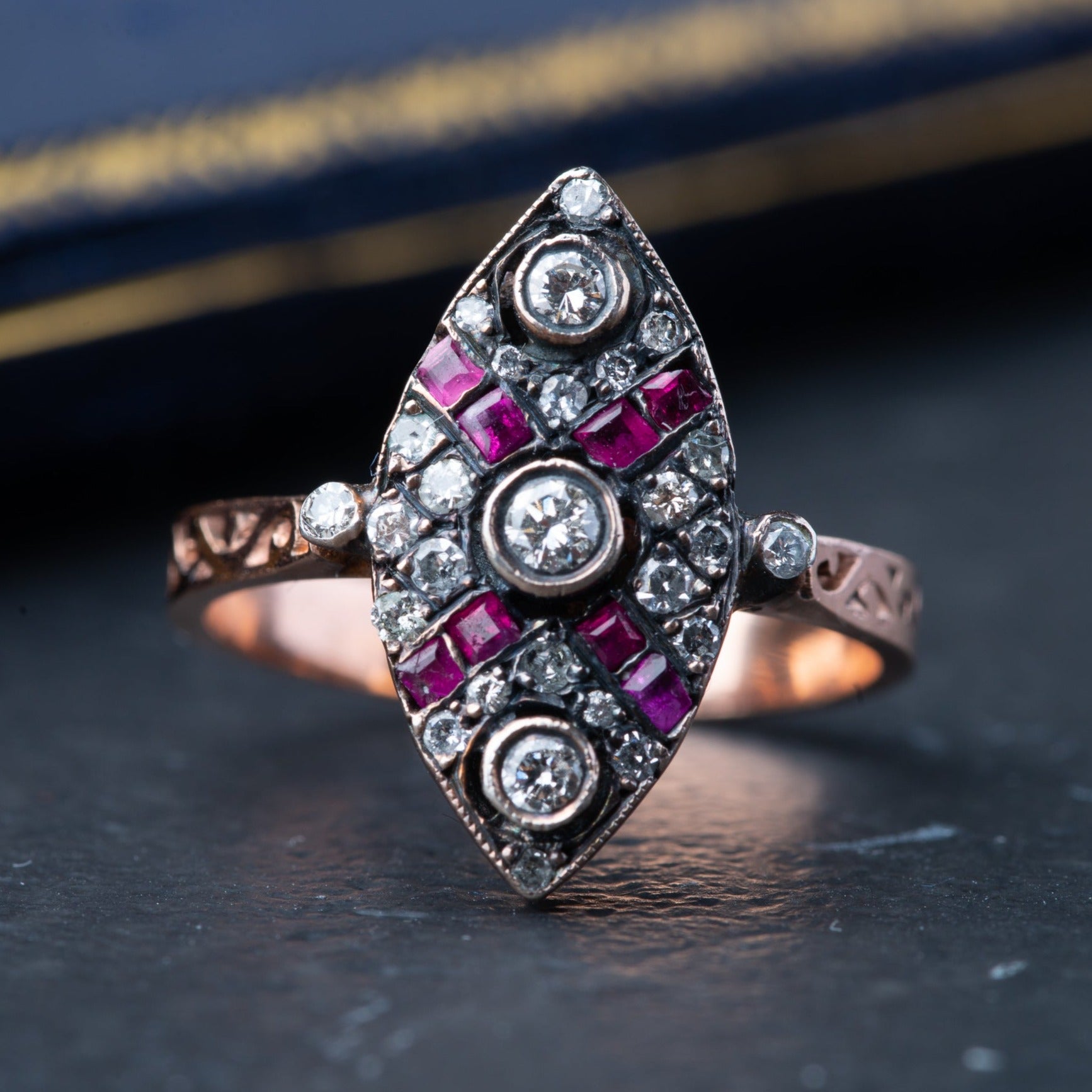 Vintage Diamond Ruby Navette Ring - Luxoria Vita