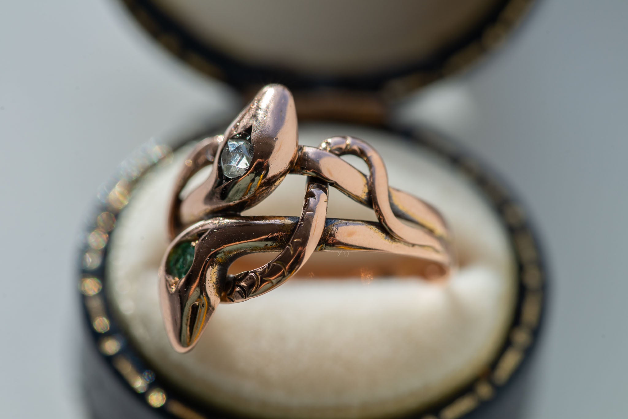 Victorian Entwined Double Emerald Rosecut Diamond Snake Ring