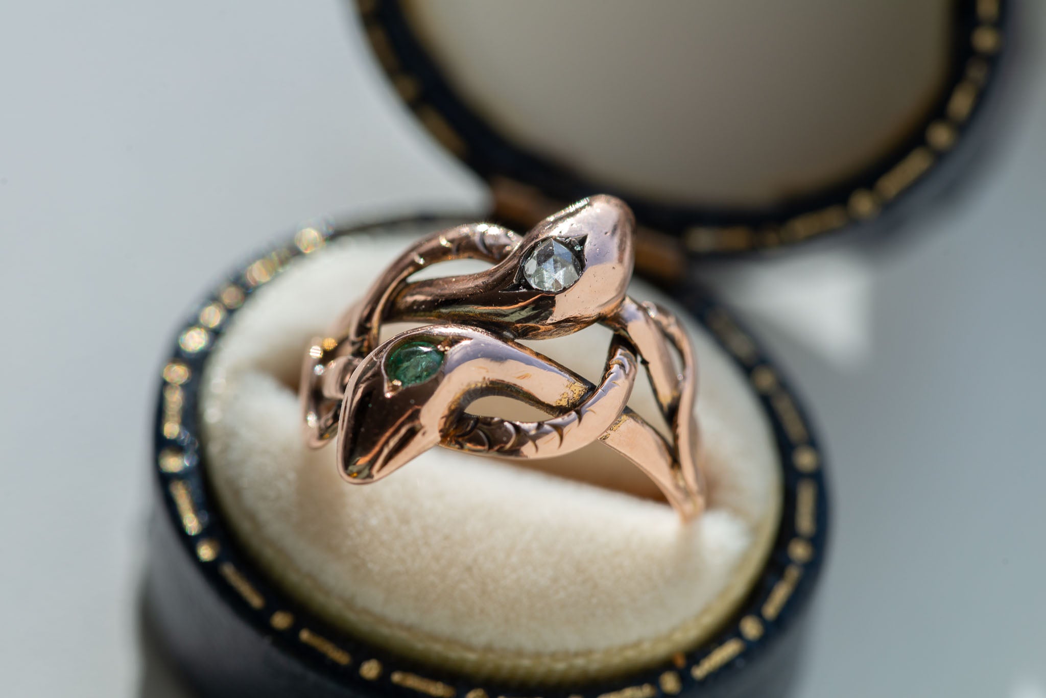 Victorian Entwined Double Emerald Rosecut Diamond Snake Ring