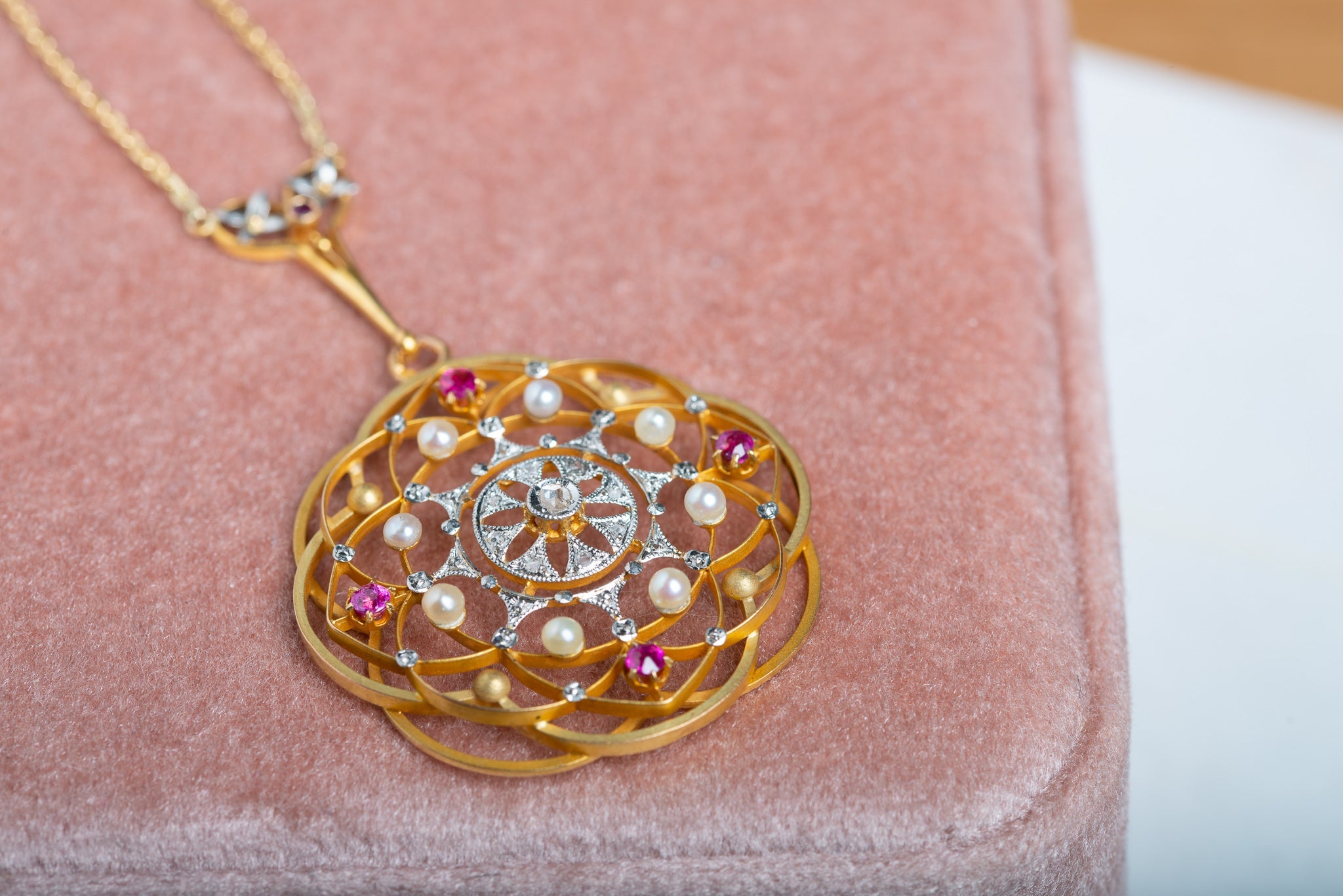 Art Nouveau High Carat Diamond, Ruby and Pearl Necklace - LUXORIA VITA