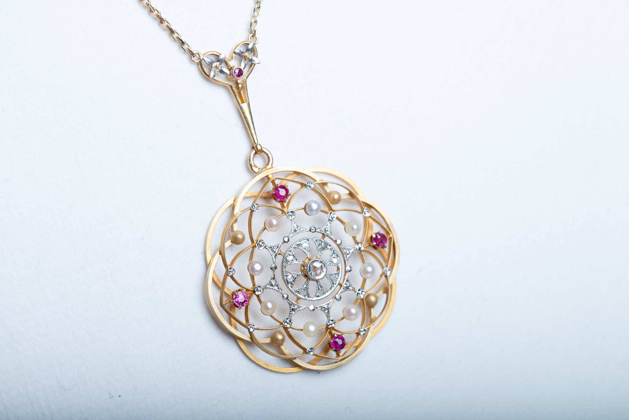 Art Nouveau High Carat Diamond, Ruby and Pearl Necklace - LUXORIA VITA