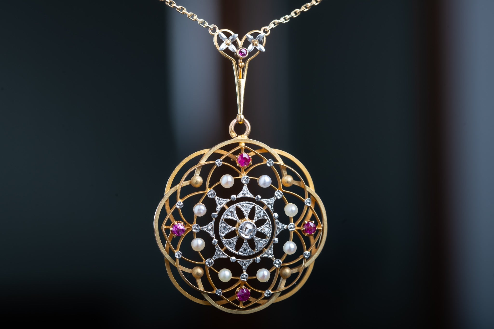 Art Nouveau High Carat Diamond, Ruby and Pearl Necklace - LUXORIA VITA