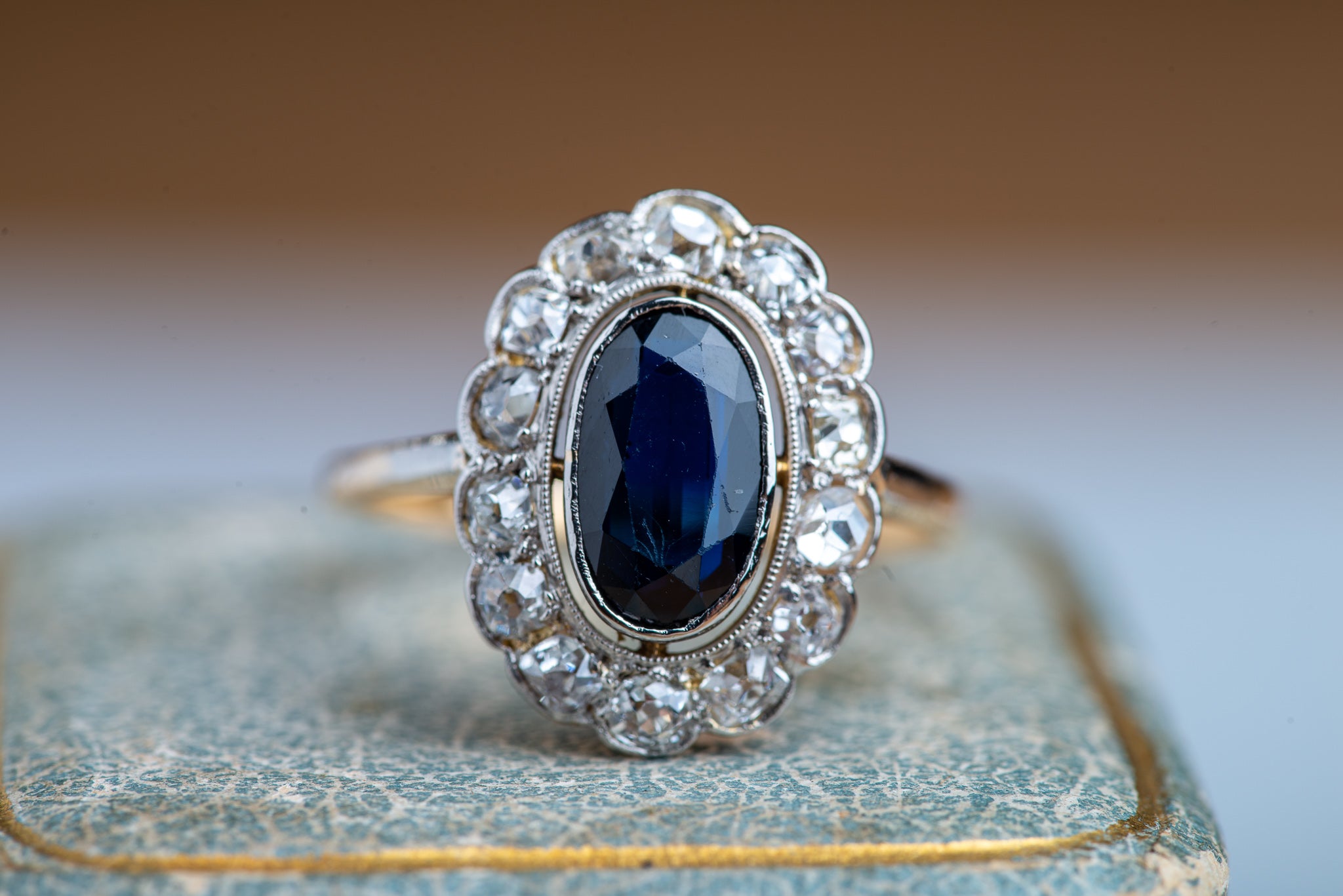 Antique 1900's French Sapphire Diamond Diana Ring in 18K Gold - Luxoria Vita