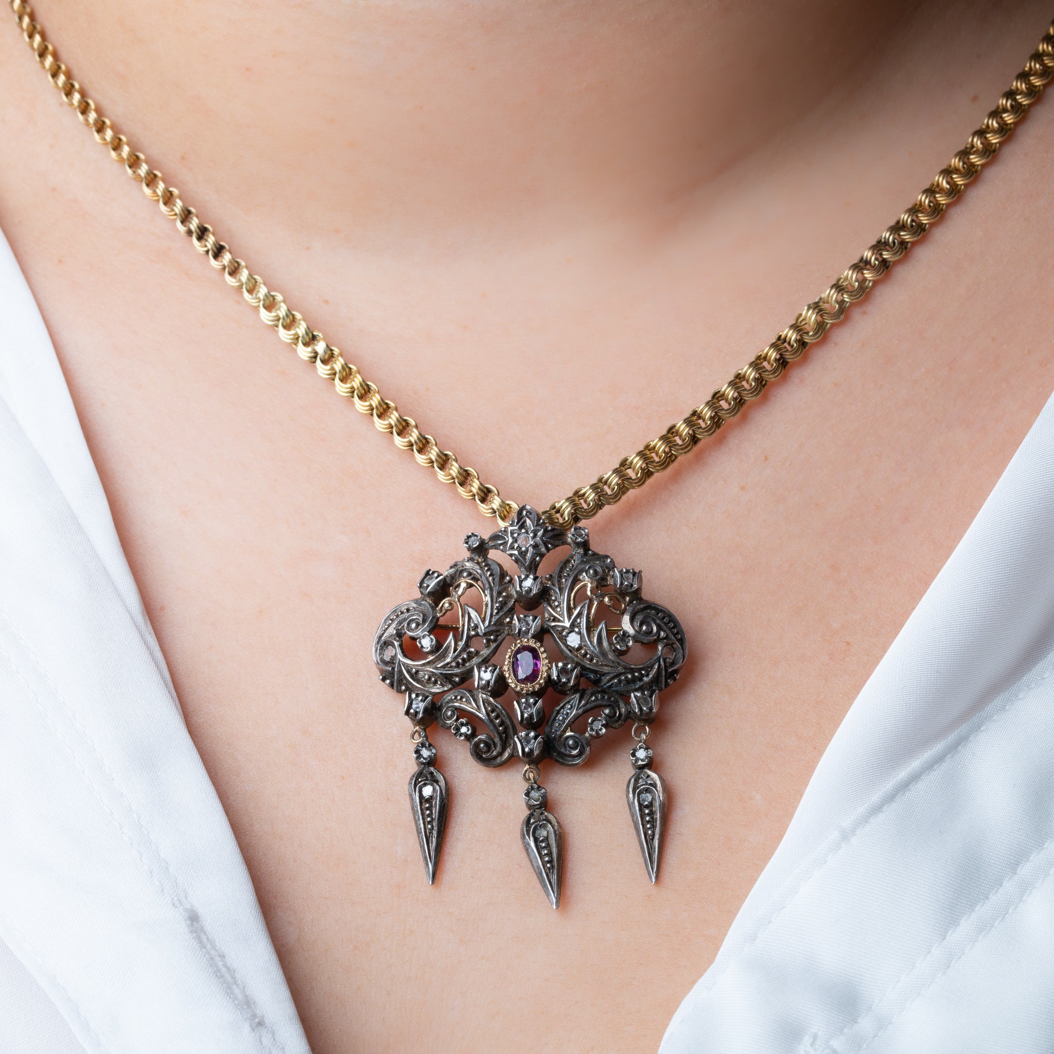 Antique Victorian Ruby Diamond Pendant Brooch