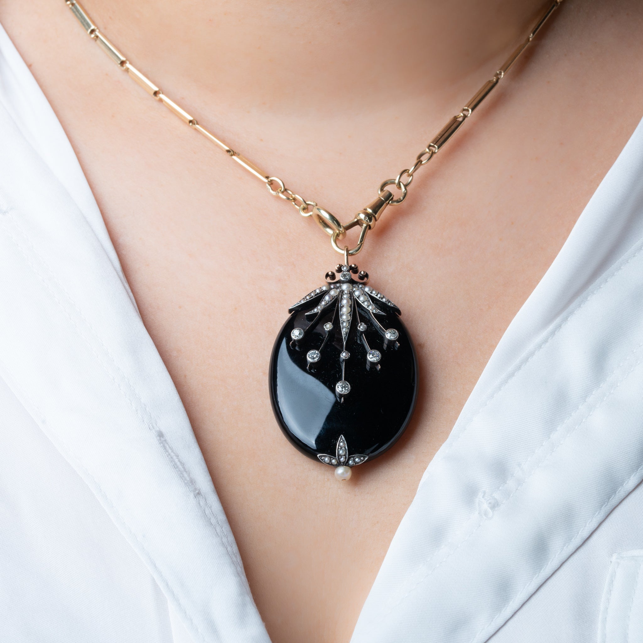 Edwardian Onyx Diamond Pearl Pendant - Luxoria Vita