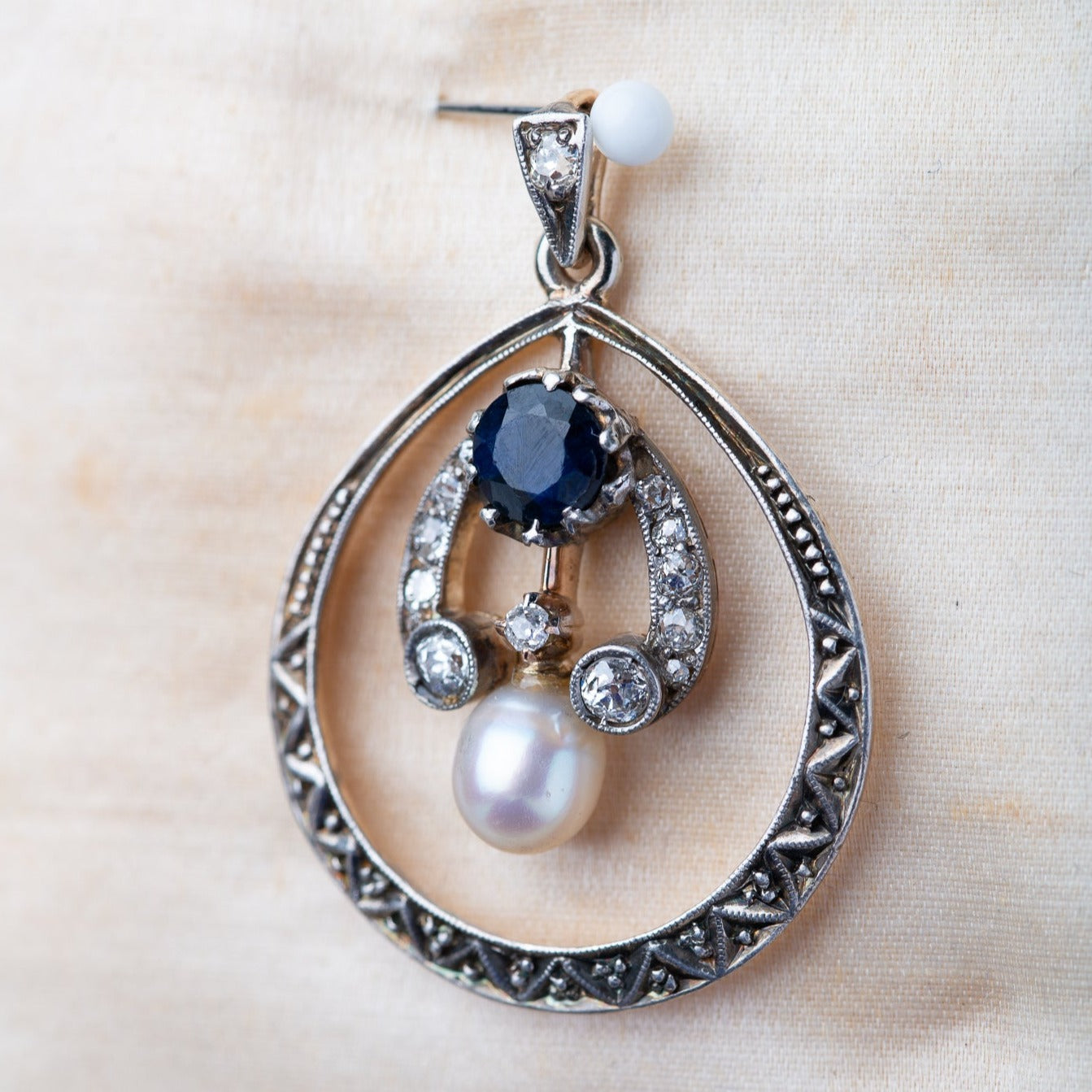 Edwardian Sapphire Diamond Pearl Pendant - Luxoria Vita