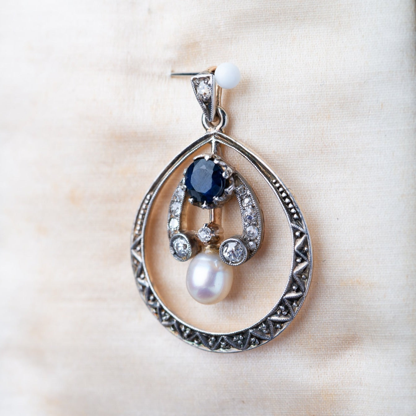 Edwardian Sapphire Diamond Pearl Pendant - Luxoria Vita