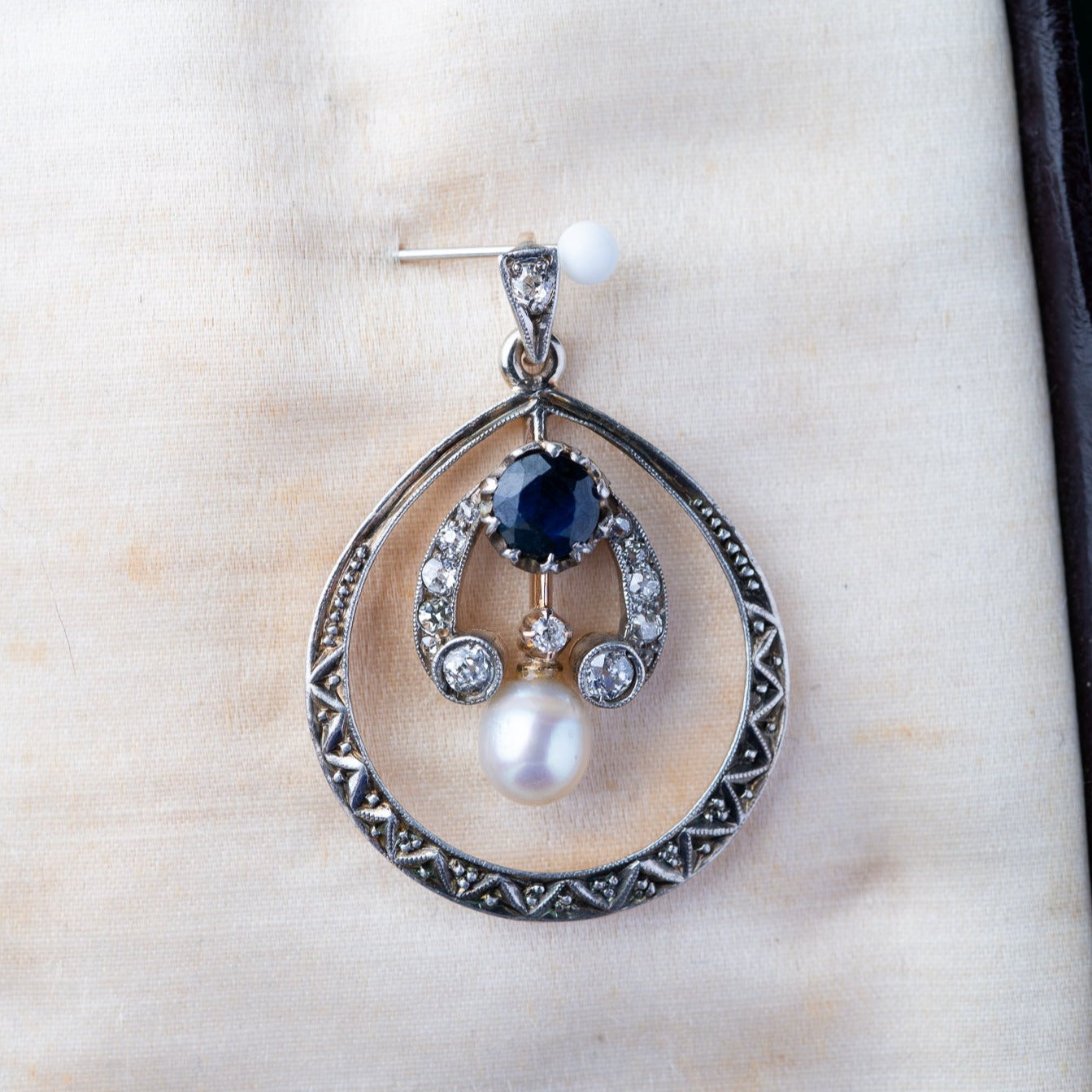 Edwardian Sapphire Diamond Pearl Pendant - Luxoria Vita