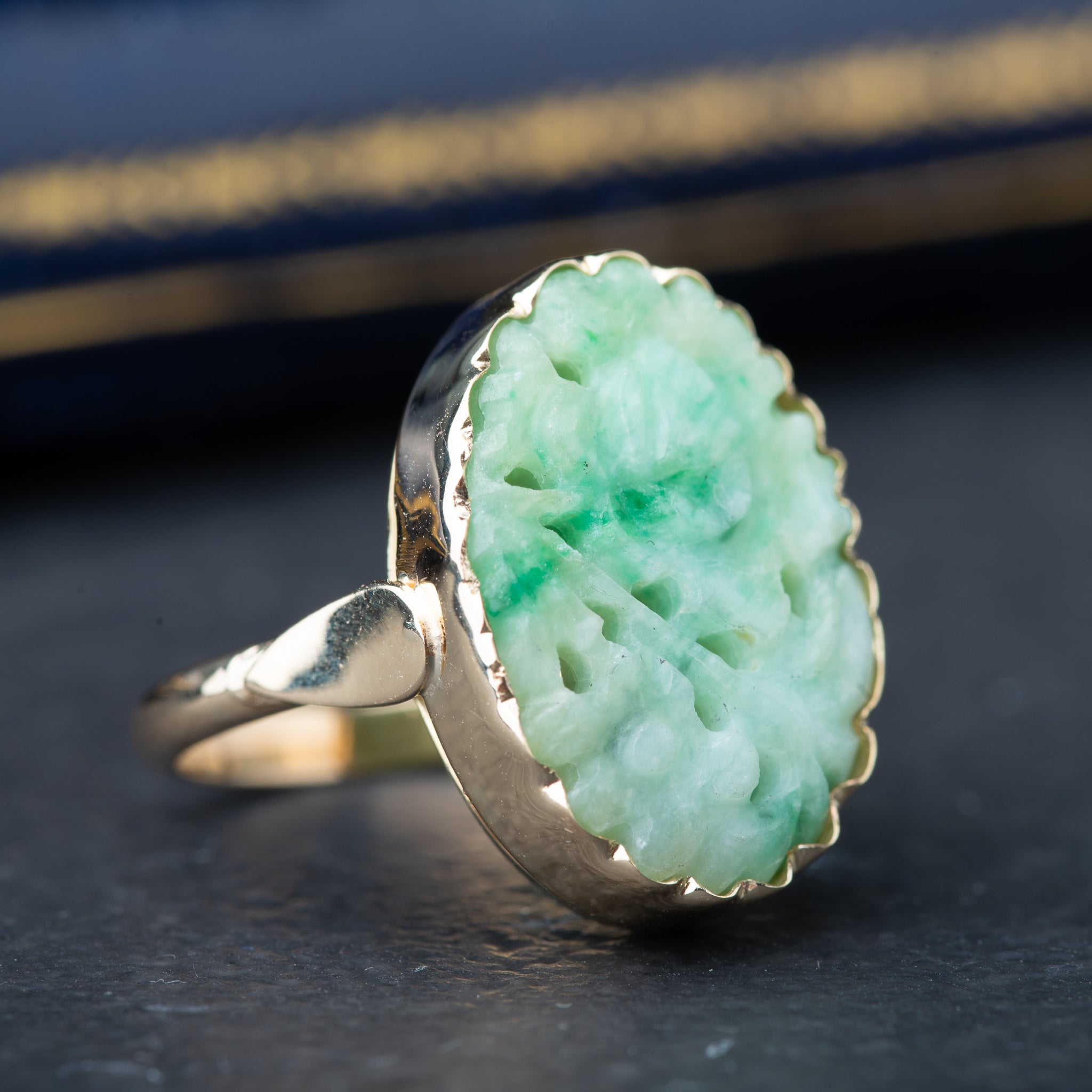 Vintage Flower Carved Jade Ring