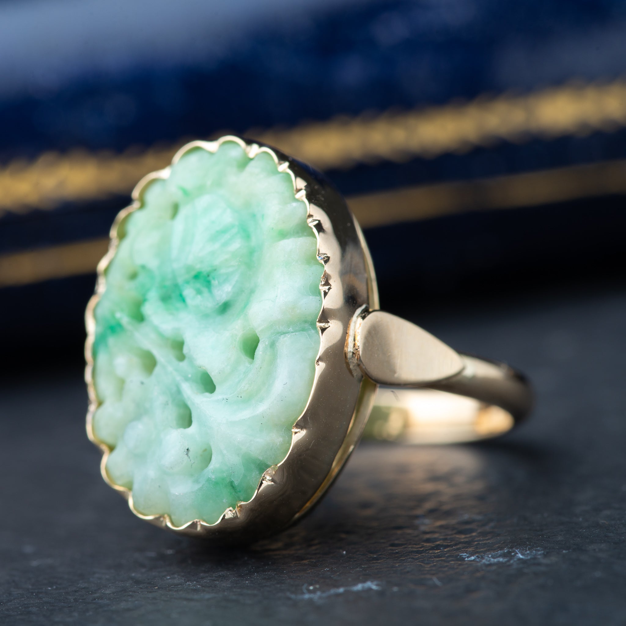 Vintage Flower Carved Jade Ring