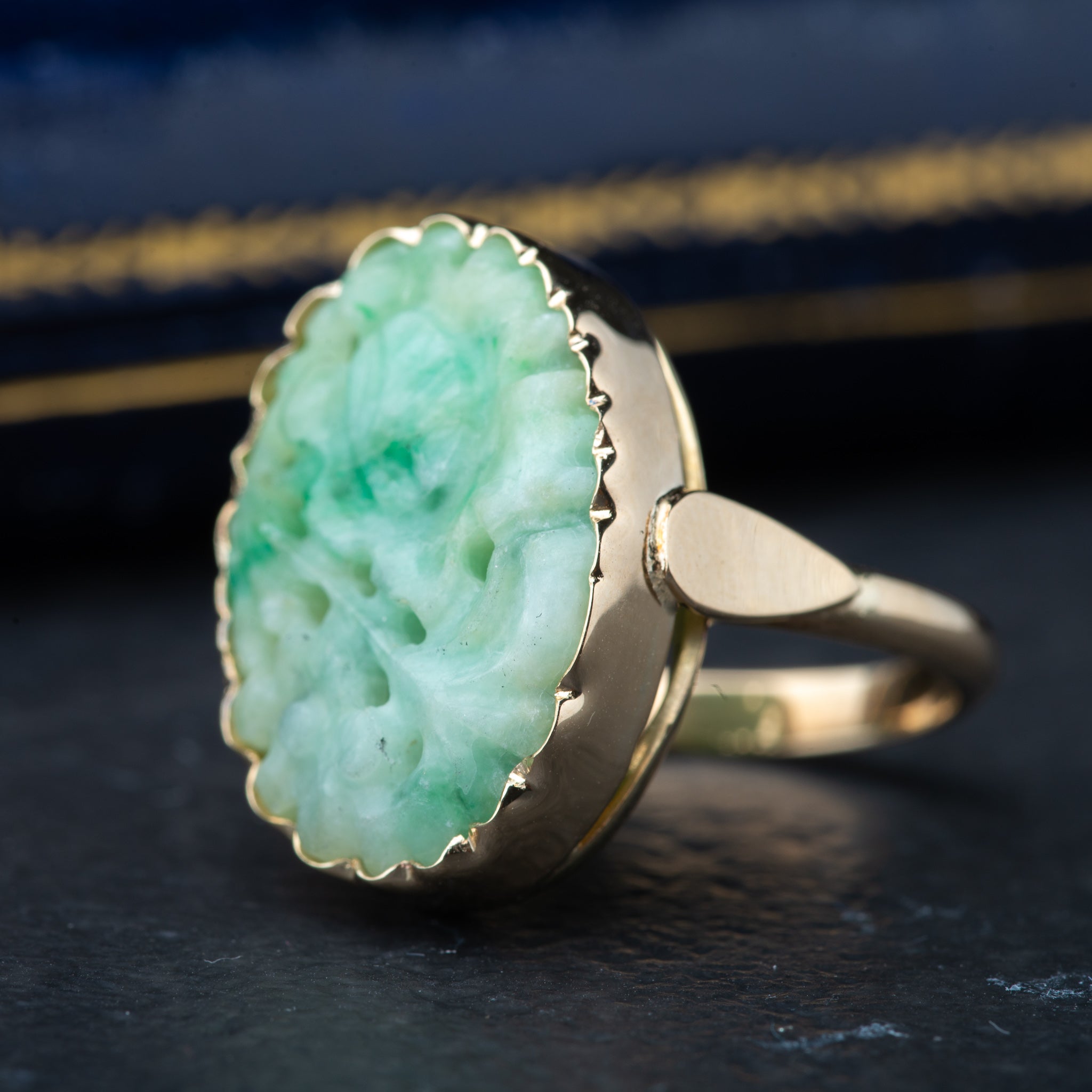 Vintage Flower Carved Jade Ring