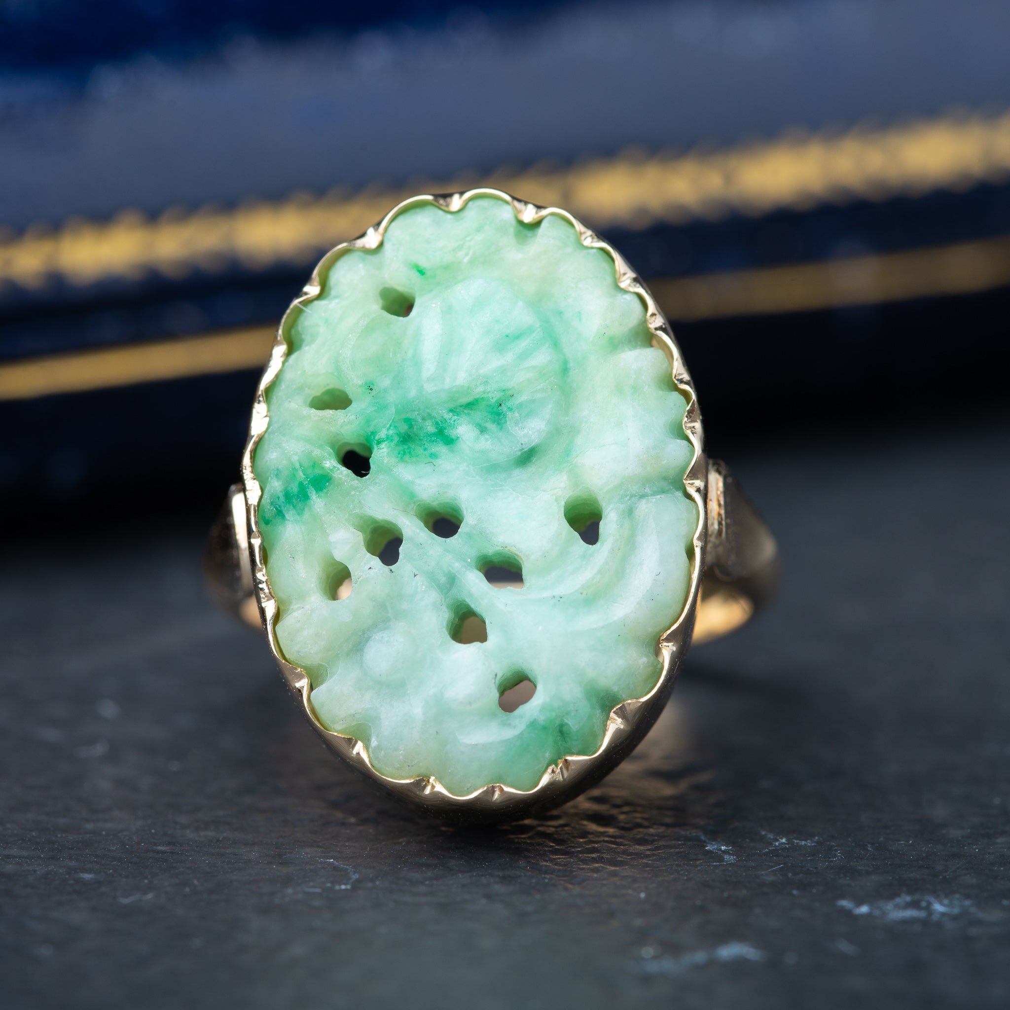 Vintage Flower Carved Jade Ring