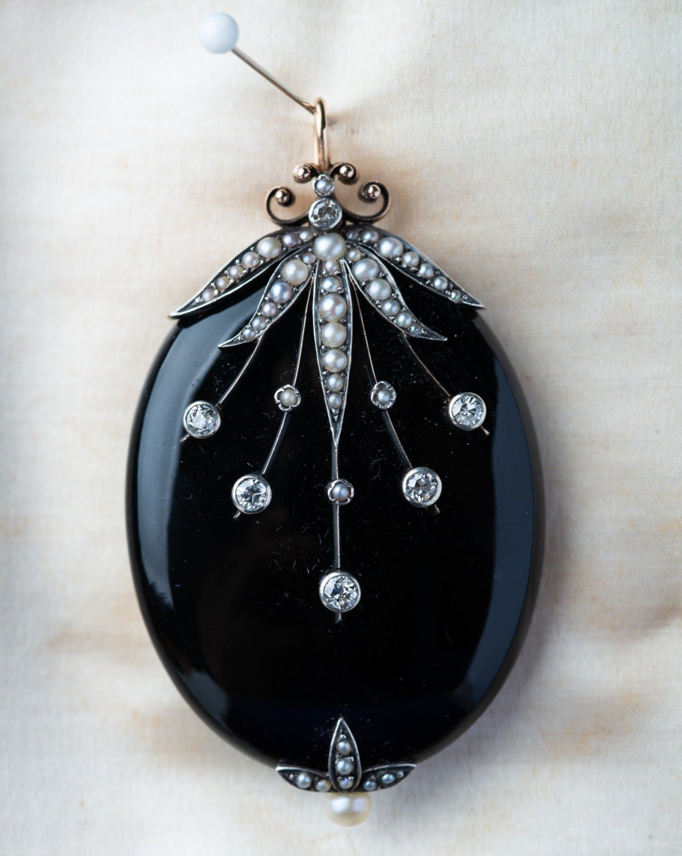 Edwardian Onyx Diamond Pearl Pendant - Luxoria Vita