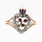 Georgian Oldminecut Diamond Ruby Emerald Heart Ring - LUXORIA VITA