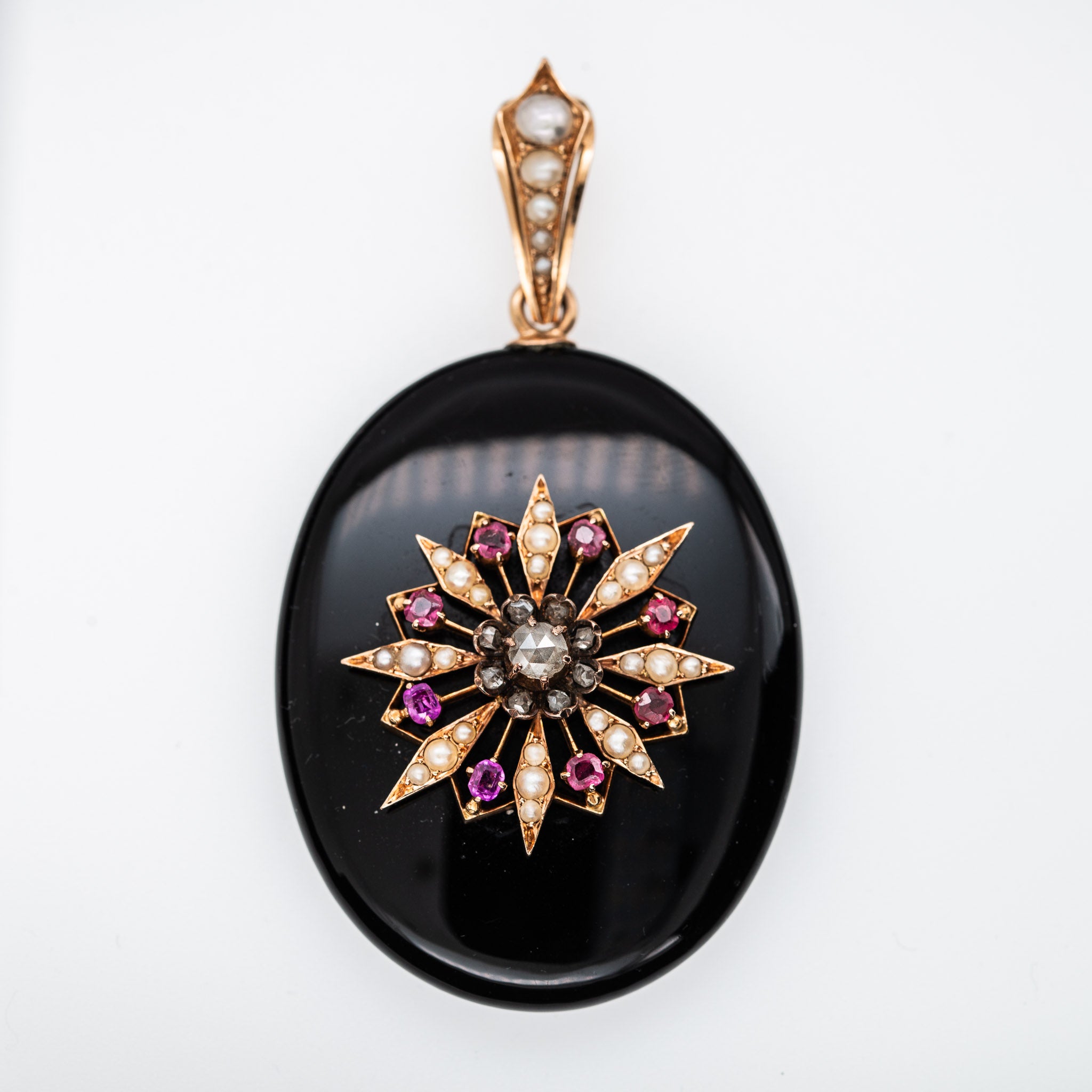 Victorian Onyx Diamond Ruby Pearl Locket - LUXORIA VITA