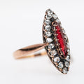 Victoriaanse Franse Navette Ring: Marquise Perpignan Granaat, Rosegeslepen Diamanten Halo, 18K Goud