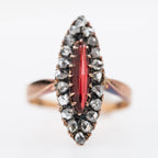 Victoriaanse Franse Navette Ring: Marquise Perpignan Granaat, Rosegeslepen Diamanten Halo, 18K Goud