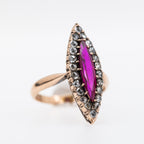 Victoriaanse Nederlandse Navette Ring, Labrobijn, Roségeknipt Diamanten Halo, 14K Goud