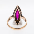 Victoriaanse Nederlandse Navette Ring, Labrobijn, Roségeknipt Diamanten Halo, 14K Goud