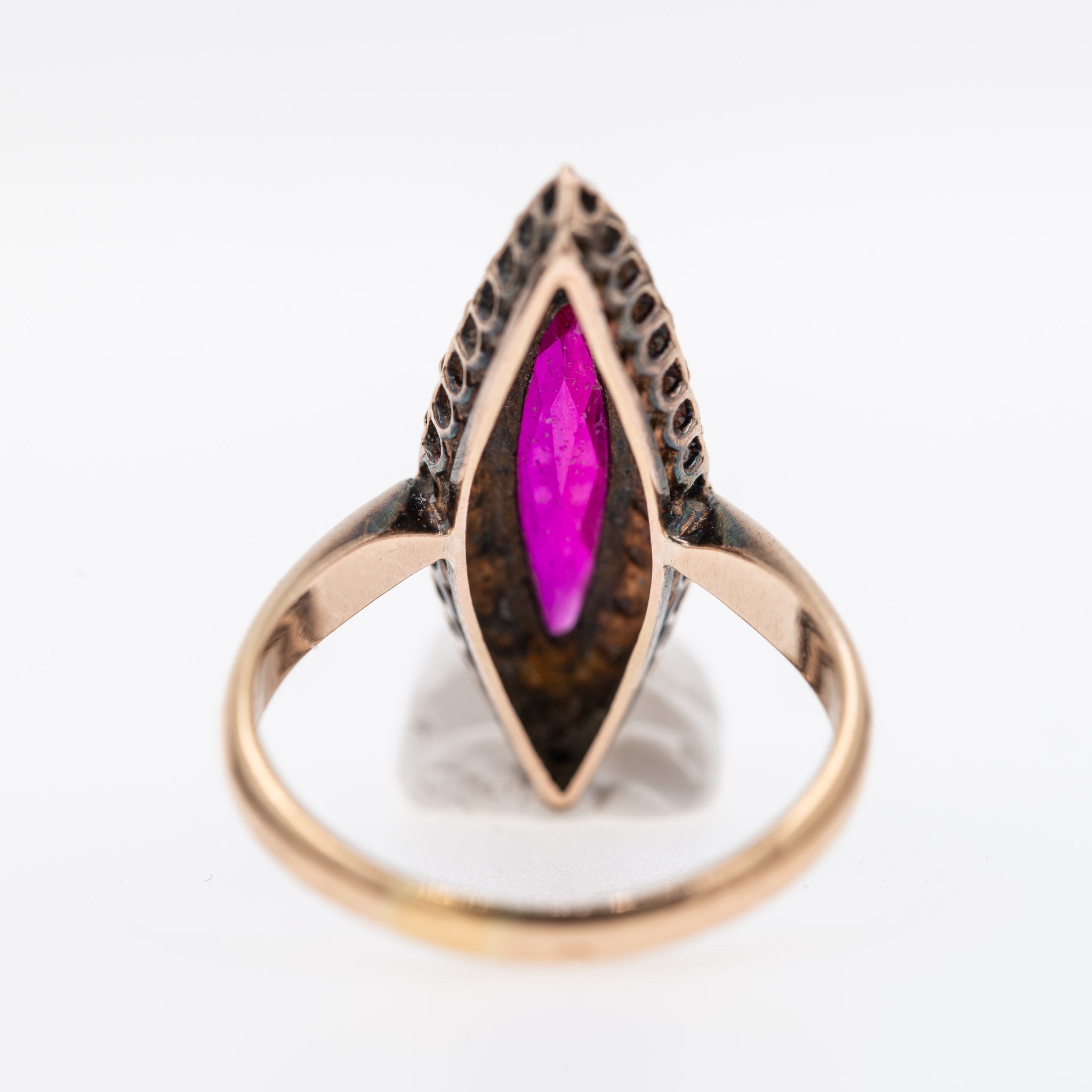 Victorian Dutch Navette Ring, Lab Ruby, Rosecut Diamond Halo, 14K Gold