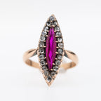 Victoriaanse Nederlandse Navette Ring, Labrobijn, Roségeknipt Diamanten Halo, 14K Goud